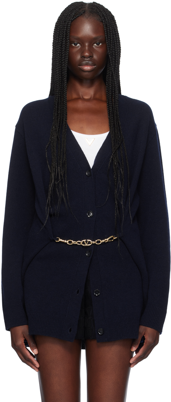 Shop Valentino Navy Virgin Wool Cardigan In 598 Navy