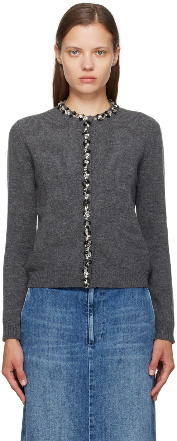 Shop Valentino Gray Wool Embroidered Cardigan In J73 Grigio Scuro Mel