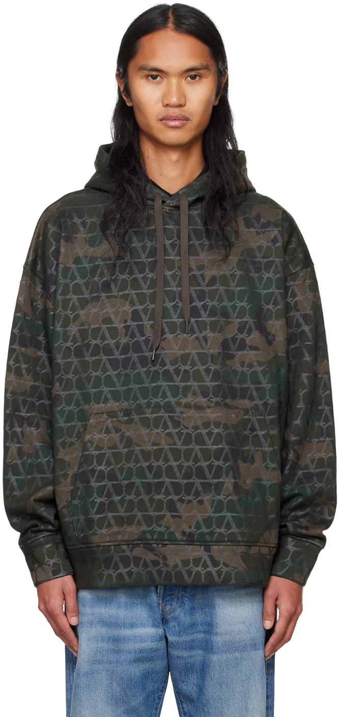 Shop Valentino Khaki Camouflage Hoodie In Zcx Toile Camou Army