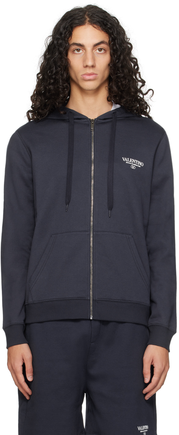 Shop Valentino Navy Printed-logo Hoodie In Nb4 Navy/bianco