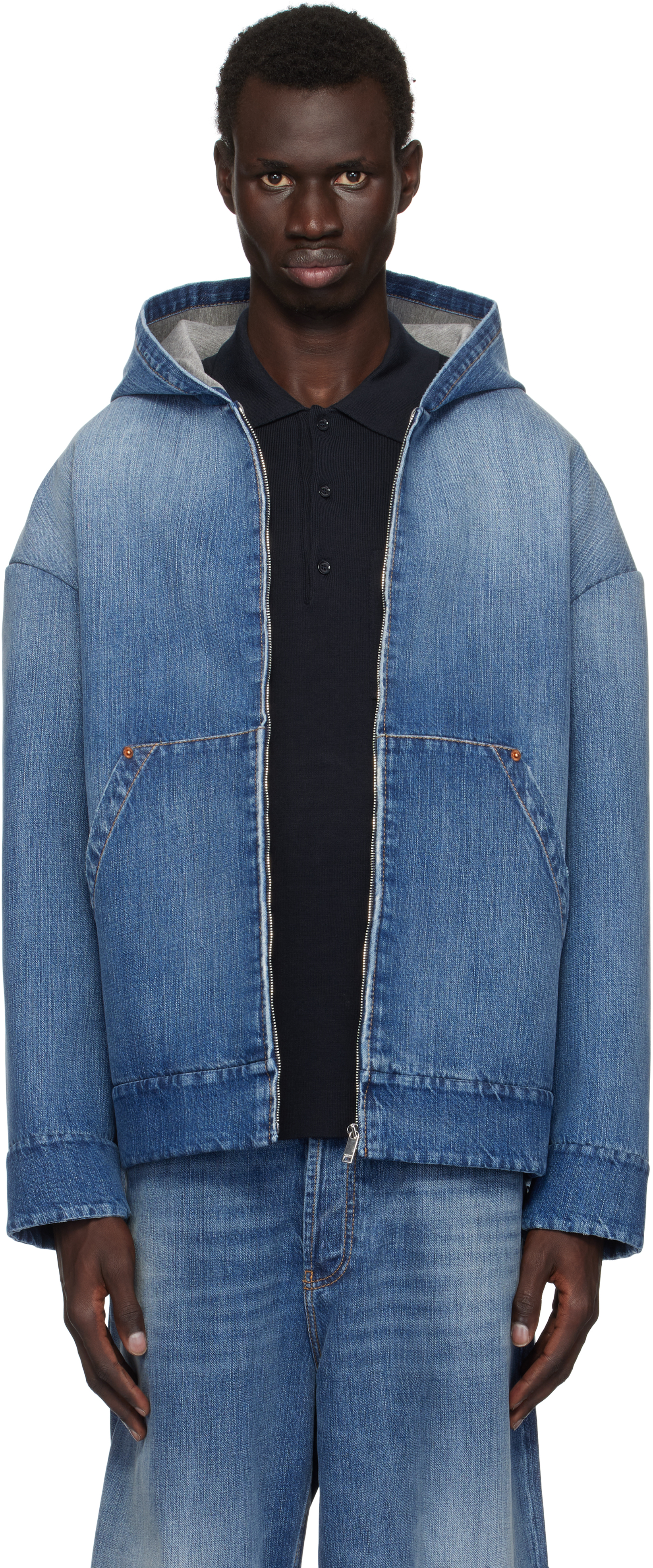 Shop Valentino Blue Oversized Denim Hoodie In 558 Medium Blue Denm