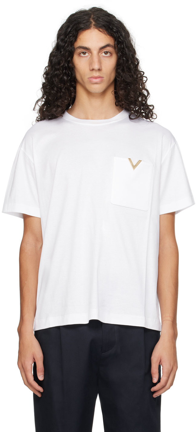 White Metallic V Detail T-Shirt