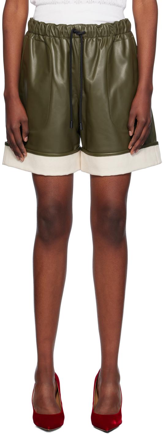 Green Contrast Hem Leather Shorts