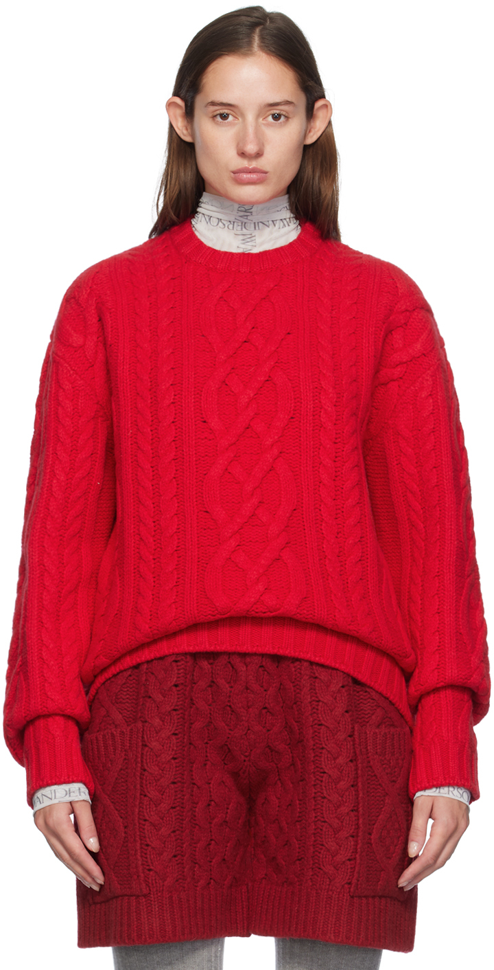 Shop Jw Anderson Red Cable Knit Crewneck Sweater In 417 Bright Red