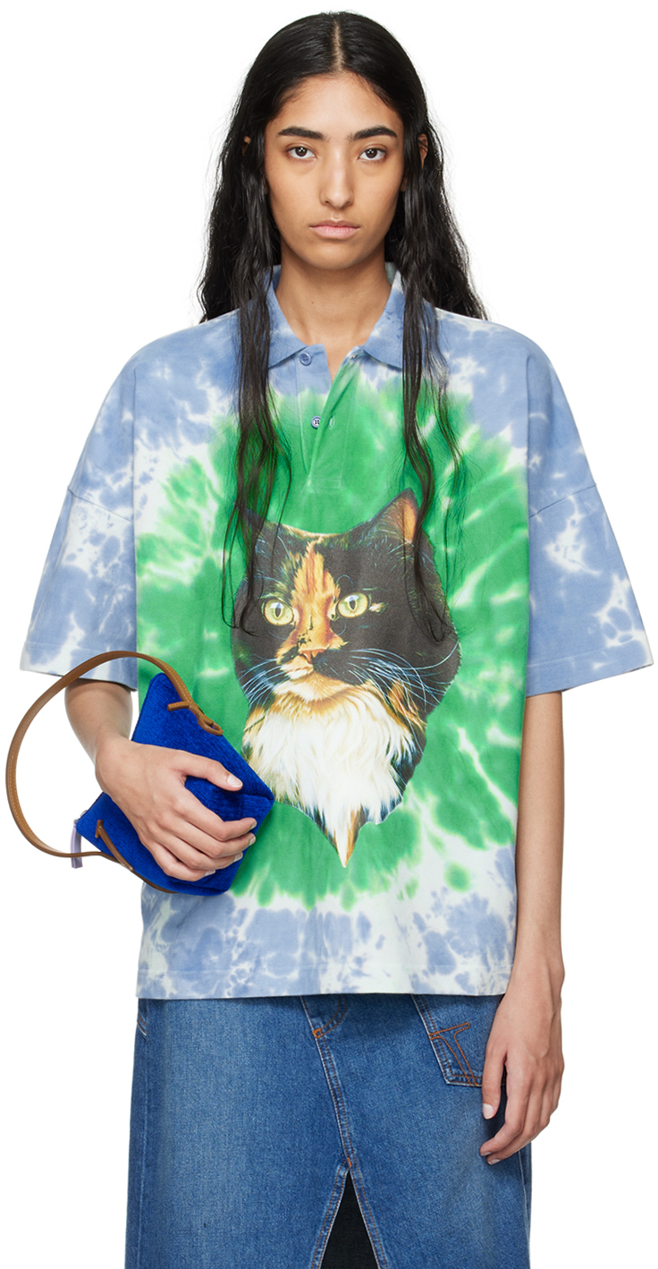 JW Anderson: Green & Blue Tie-Dye Cat Print Polo | SSENSE