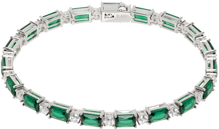 Shop Hatton Labs Silver & Green Emerald Cut Tennis Bracelet In Silver / Green