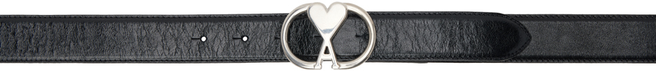 Shop Ami Alexandre Mattiussi Black Ami De Cœur Oval Buckle Belt In Black/vibrated Silve