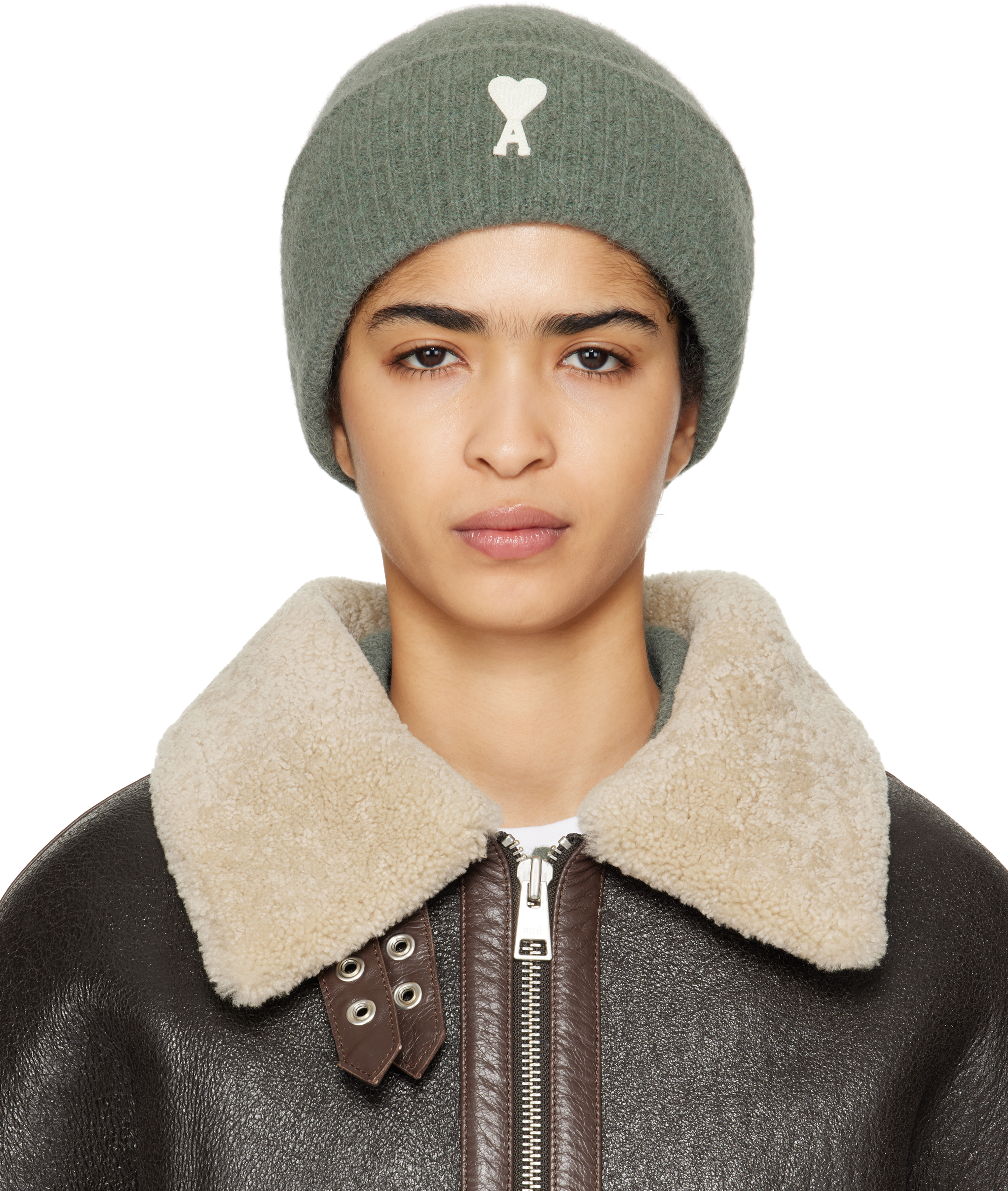 Ami Alexandre Mattiussi Green Ami De Coeur Beanie In Antique Clay/4013