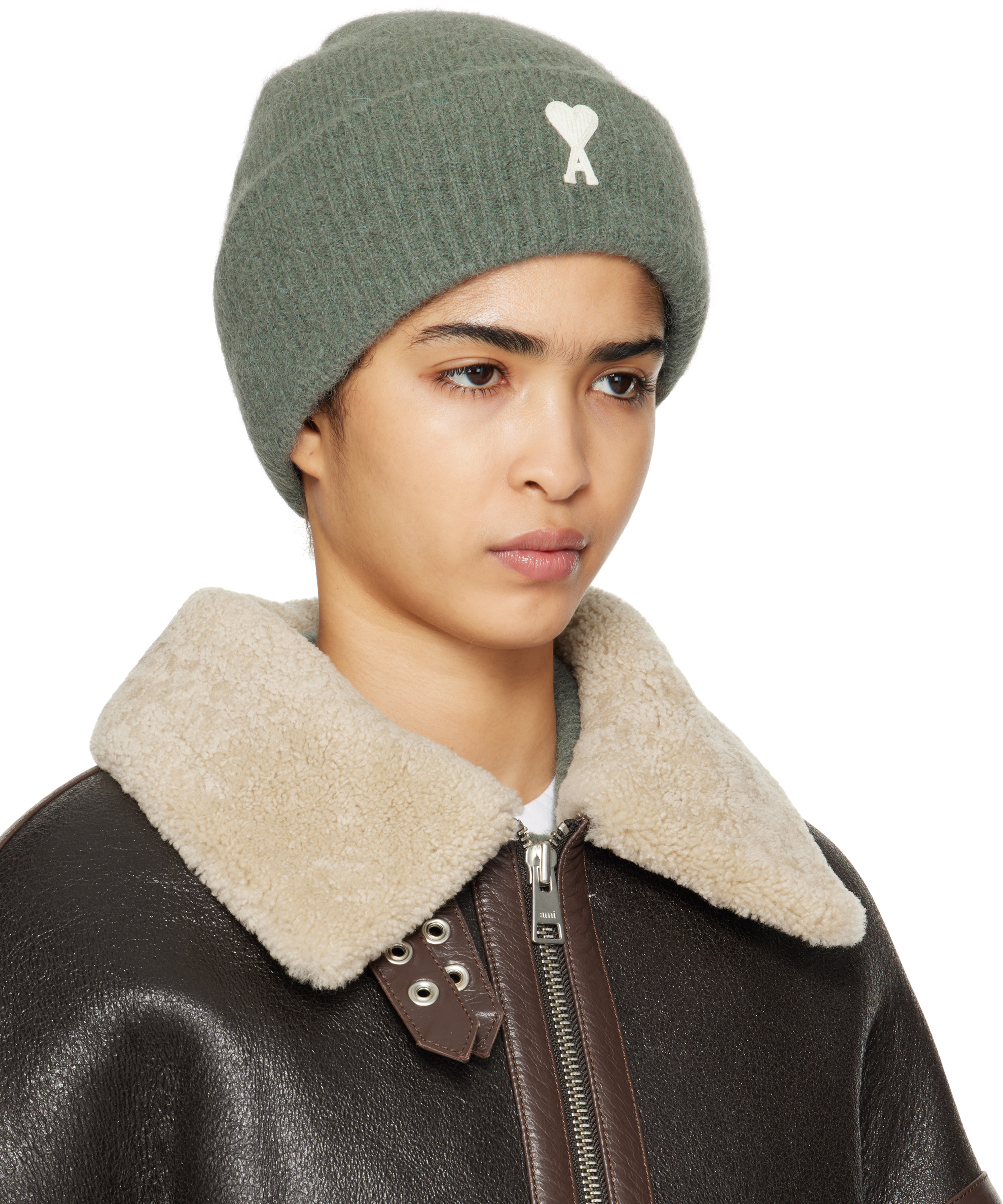 Ami Alexandre Mattiussi Green Ami De Coeur Beanie In Antique Clay/4013