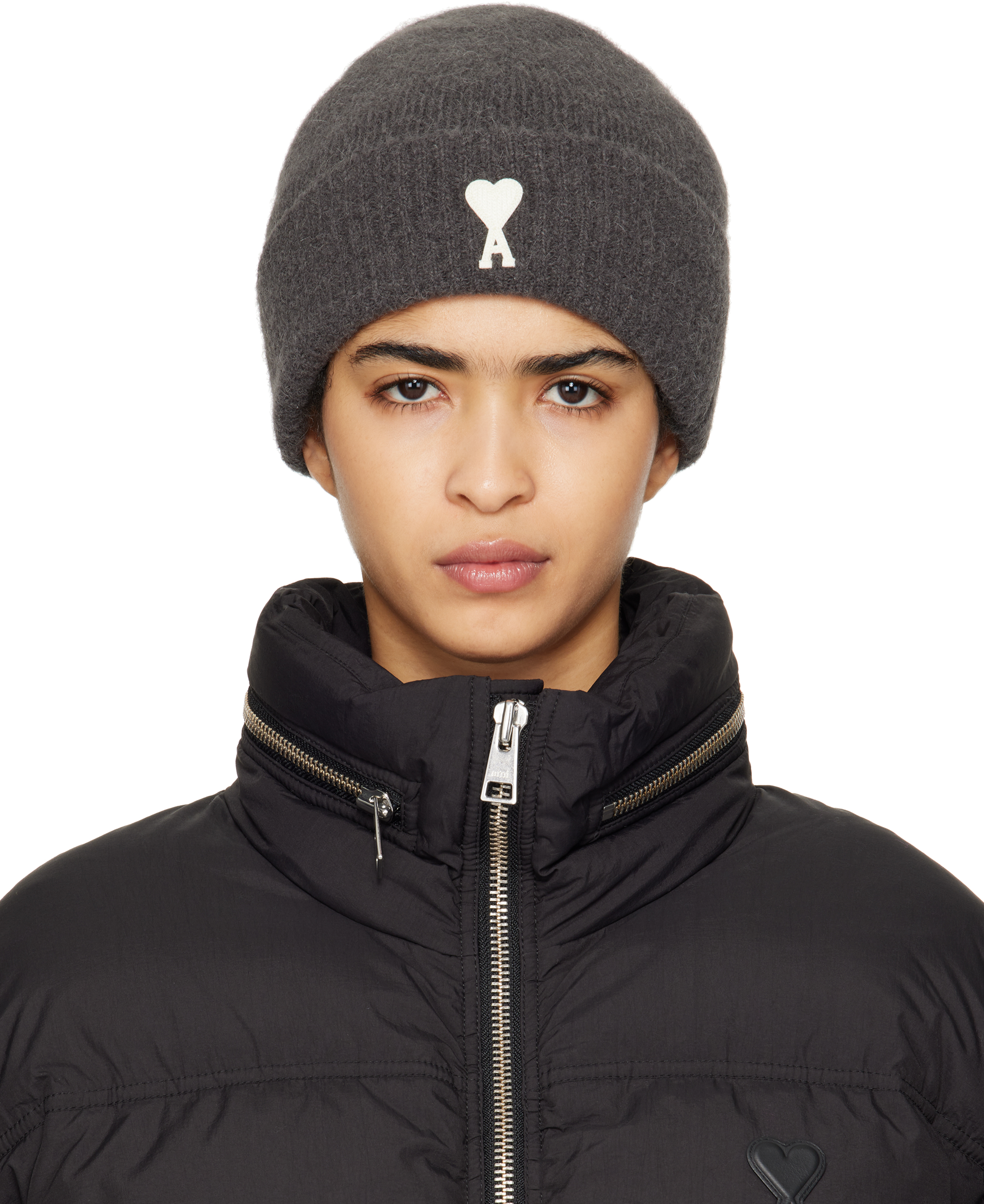 Ami Alexandre Mattiussi Gray Ami De Coeur Beanie In Dark Grey/061