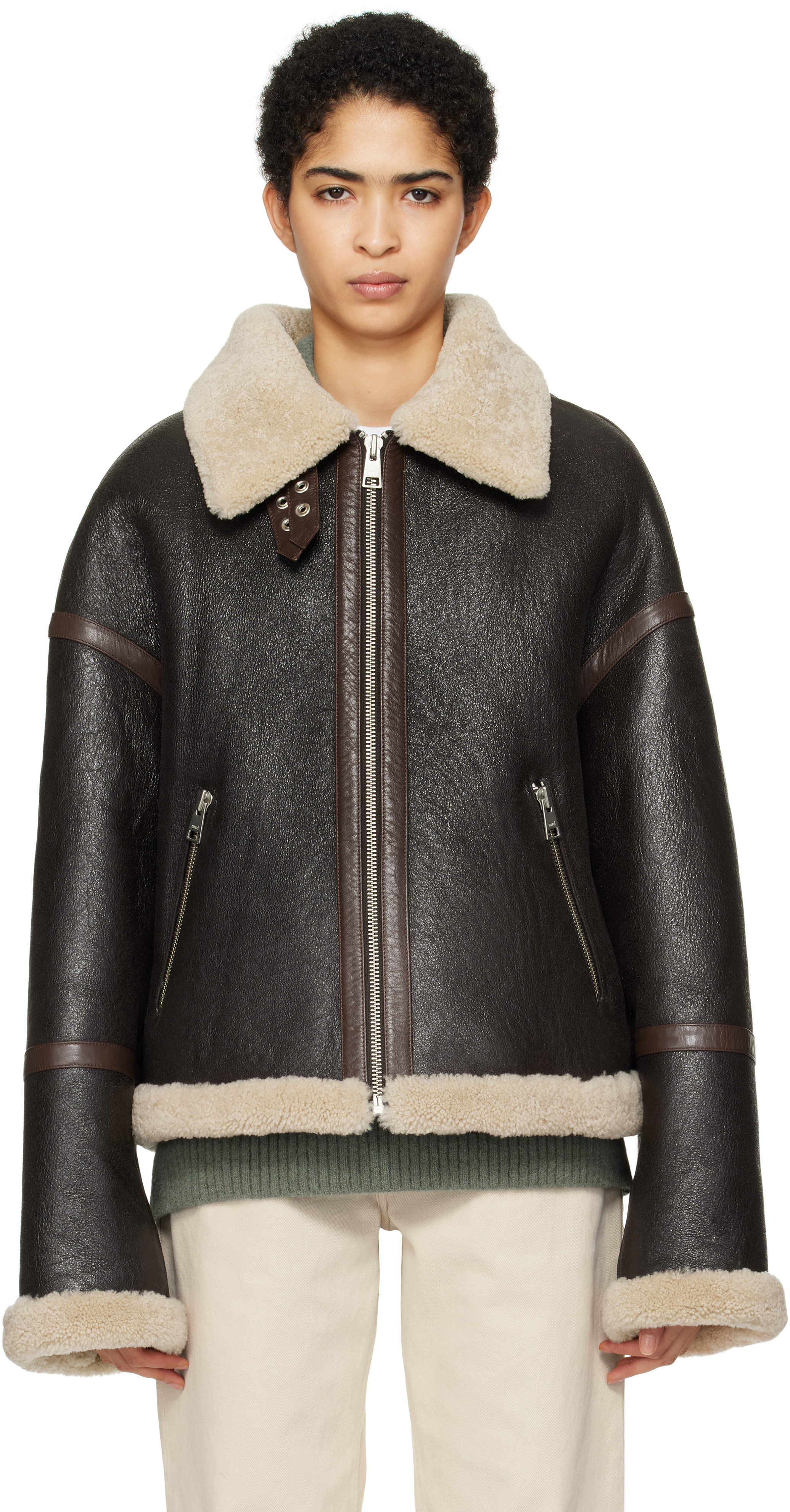 Brown Zipped Shearling Jacket