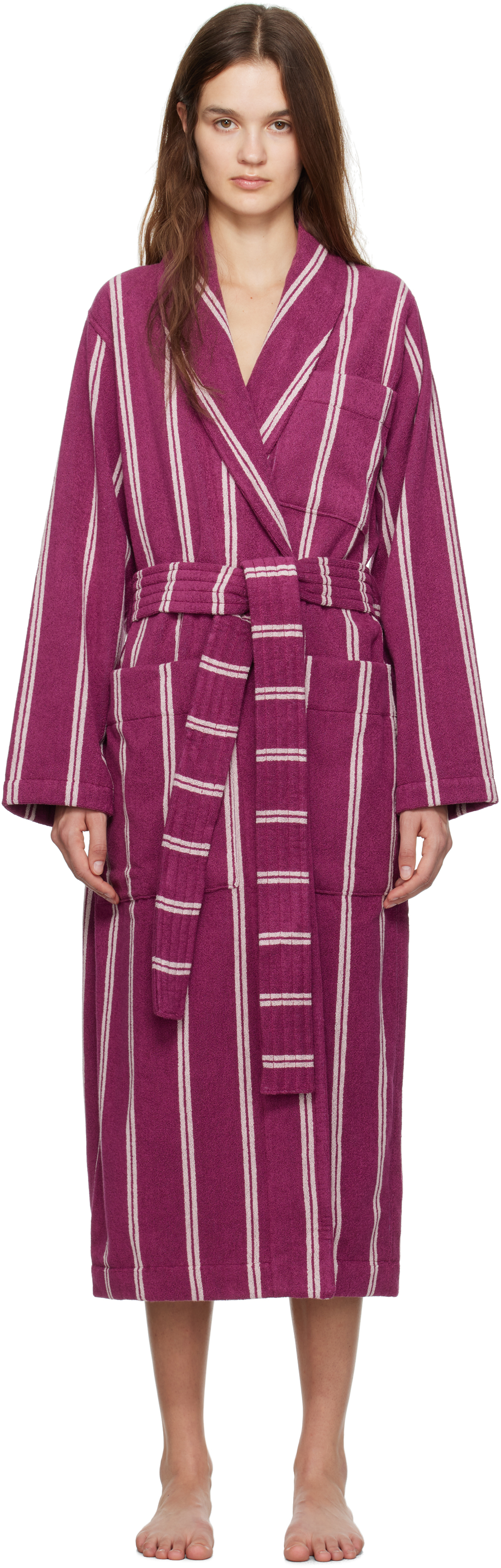 Shop Tekla Pink Terry Hooded Bathrobe In Venice Stripes