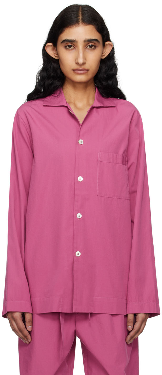 Shop Tekla Purple Long Sleeve Pyjama Shirt In Lingonberry