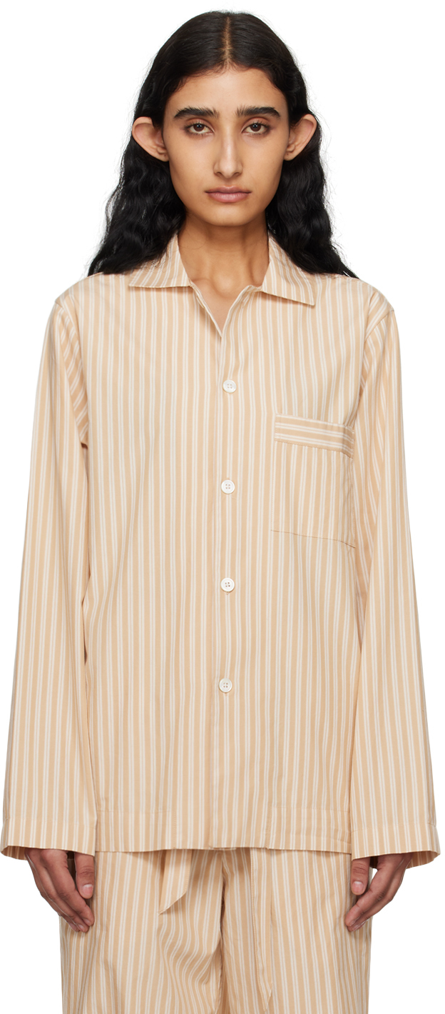 Shop Tekla Beige Long Sleeve Pyjama Shirt In Corinth Stripes