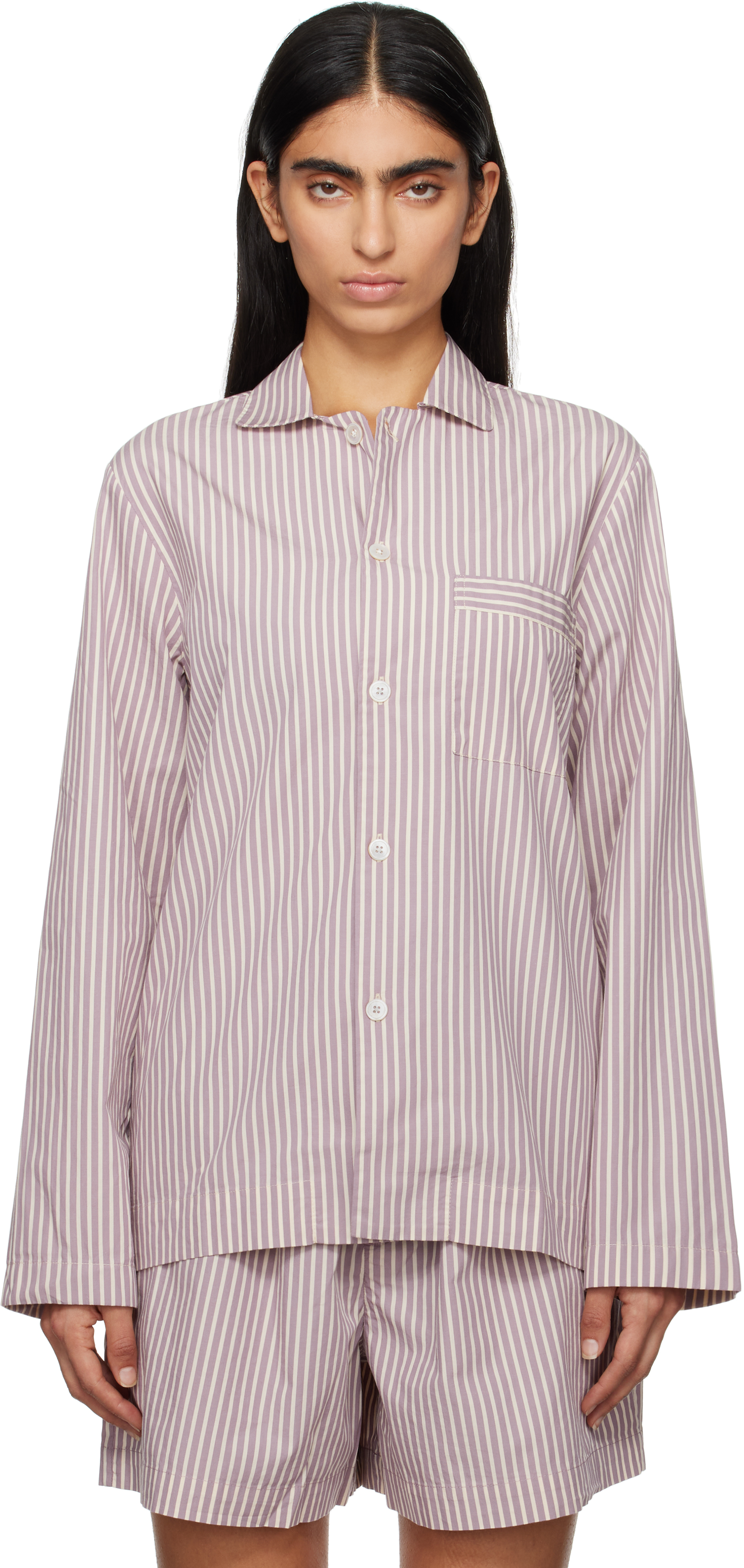 Shop Tekla Purple & White Poplin Long-sleeved Pyjama Shirt In Skipper Stripes