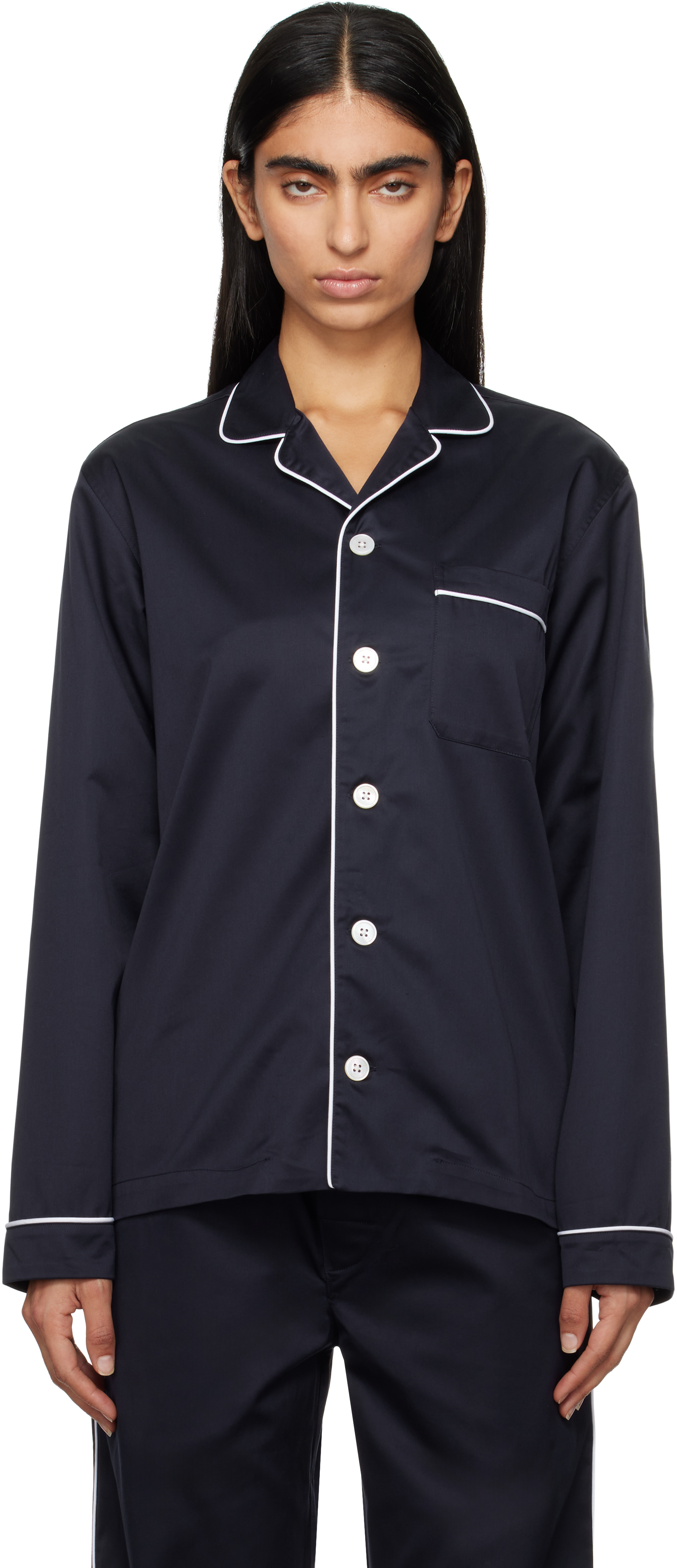 Navy Sateen Long-Sleeved Pyjama Shirt