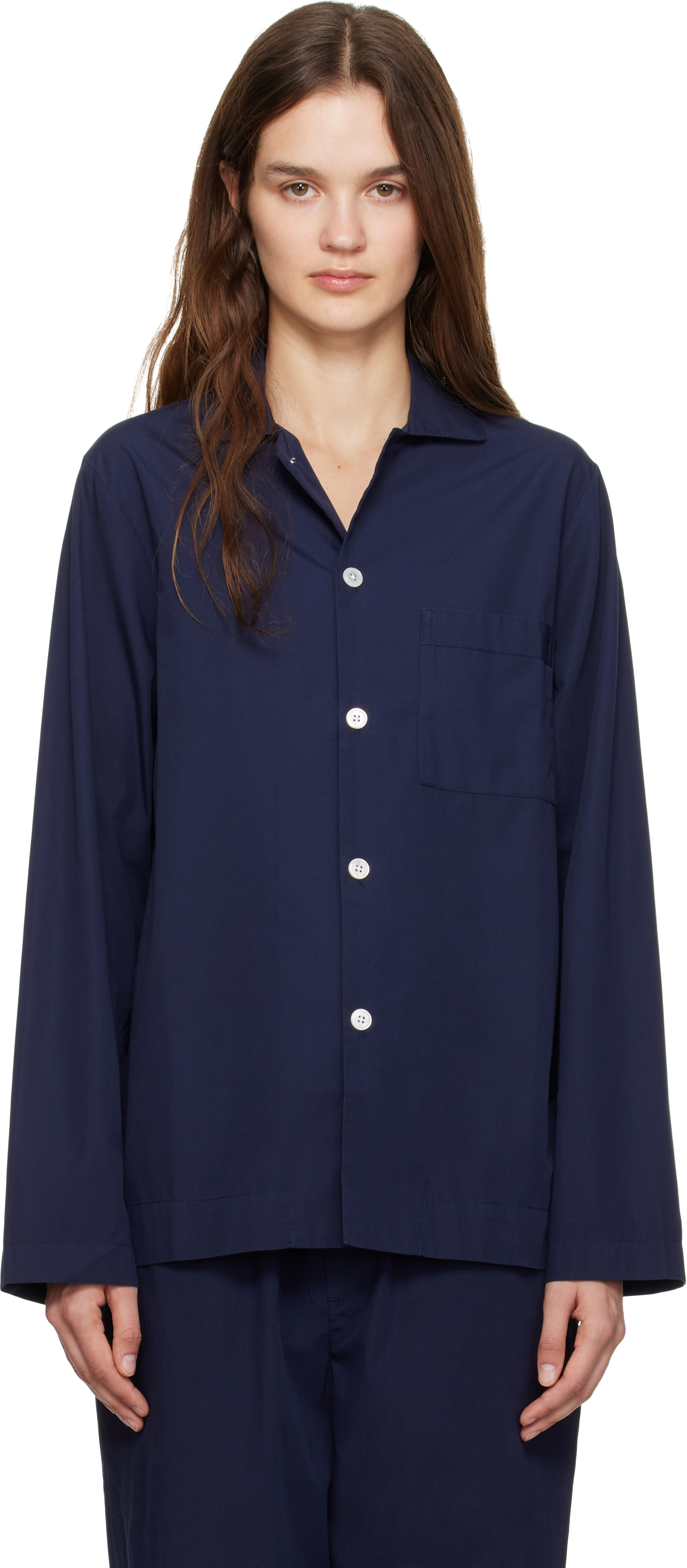 Shop Tekla Navy Poplin Long-sleeved Pyjama Shirt In True Navy