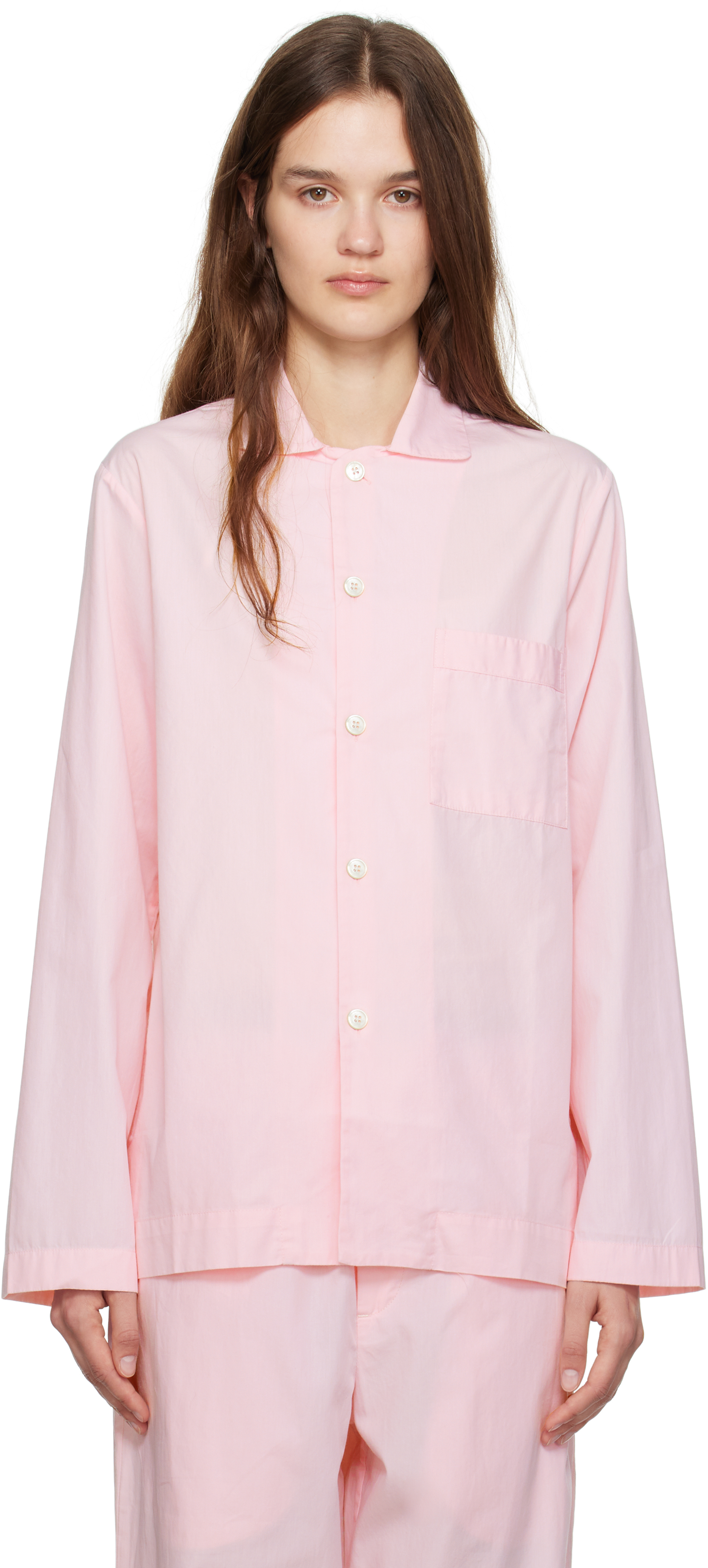 Shop Tekla Pink Poplin Long-sleeved Pyjama Shirt In Soft Pink