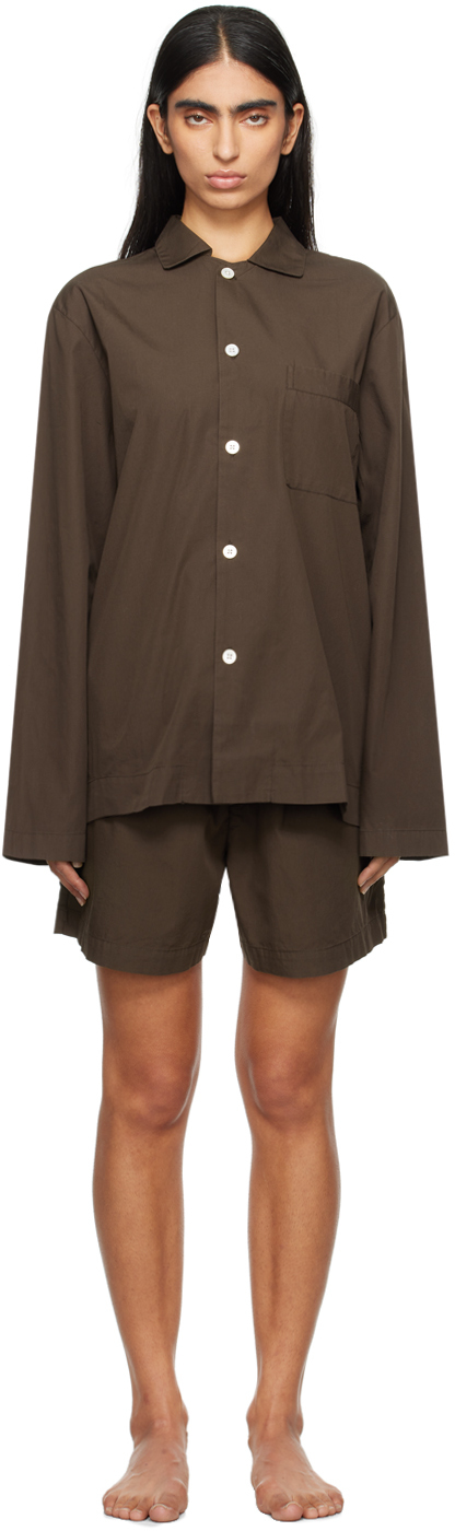 Shop Tekla Brown Long Sleeve Pyjama Shirt In Coffee