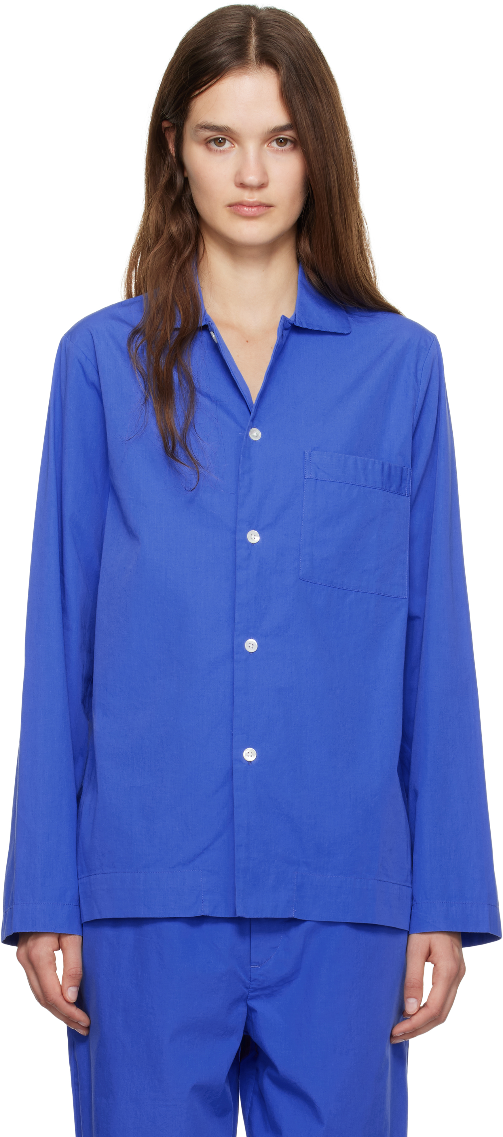 Blue Poplin Long-Sleeved Pyjama Shirt