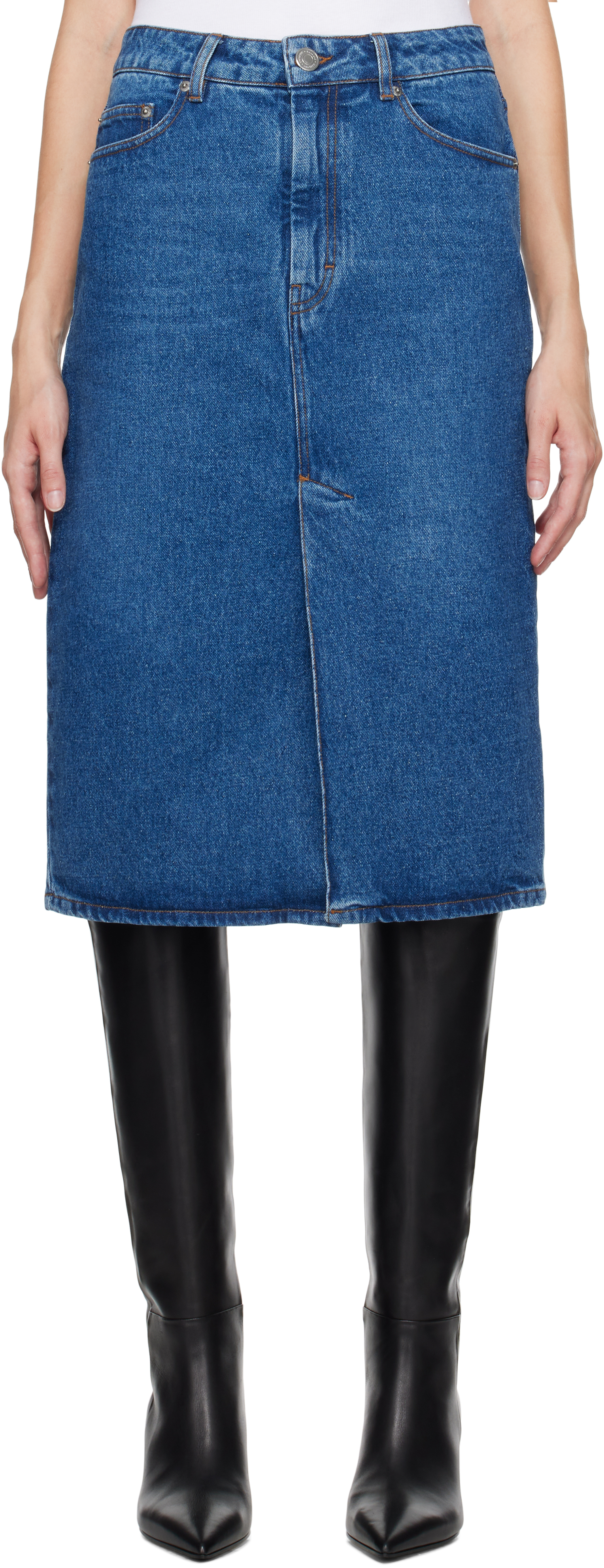 Ami Alexandre Mattiussi Blue Pencil Denim Midi Skirt In Used Blue/480