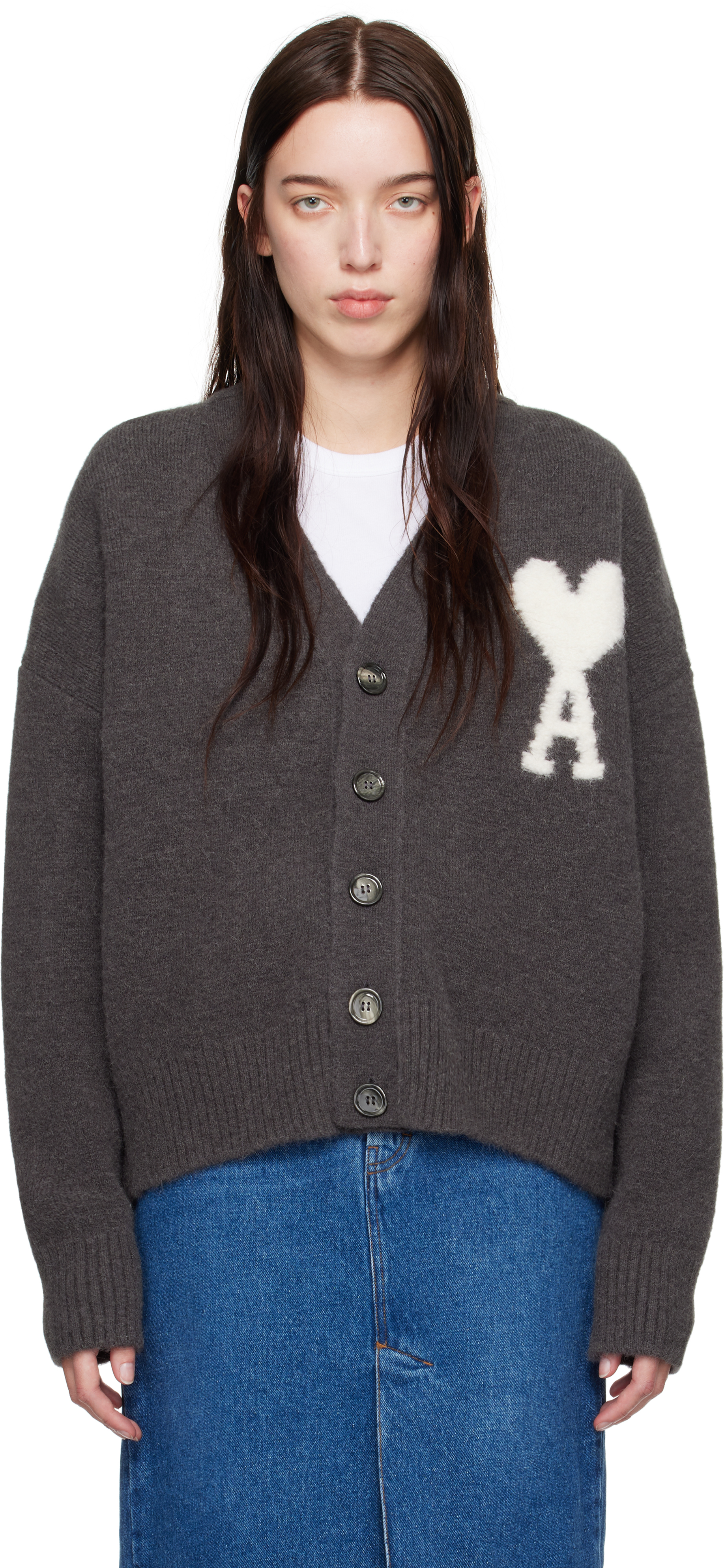 Shop Ami Alexandre Mattiussi Gray Ami De Coeur Cardigan In Dark Grey/061