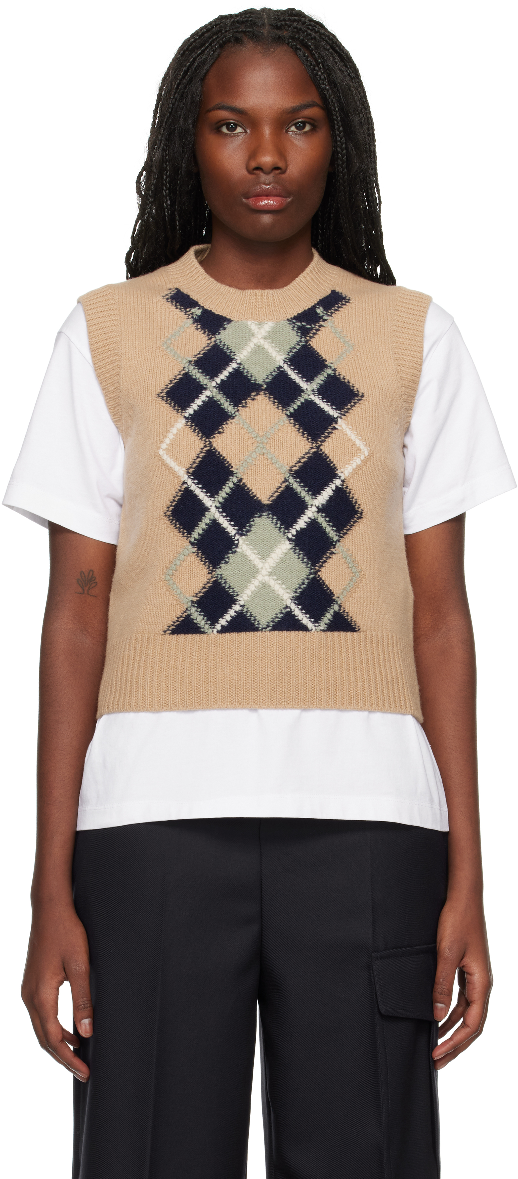 Beige Argyle Sleeveless Sweater