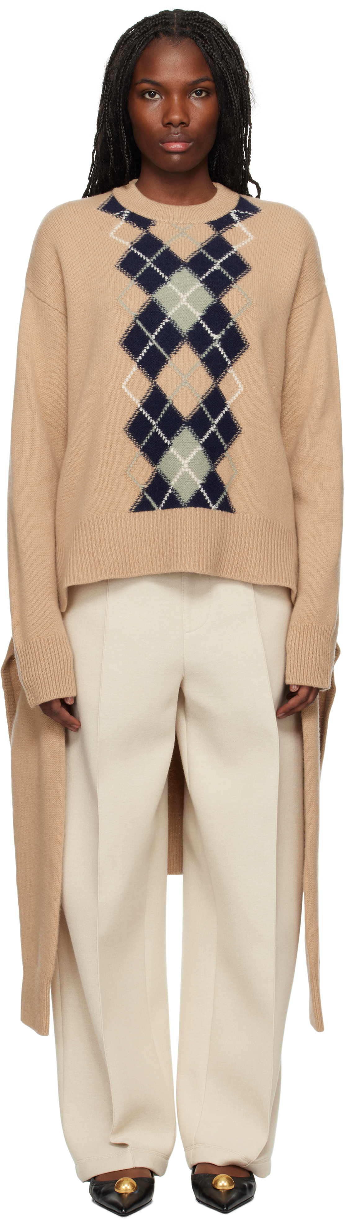 Beige Argyle Double Sweater