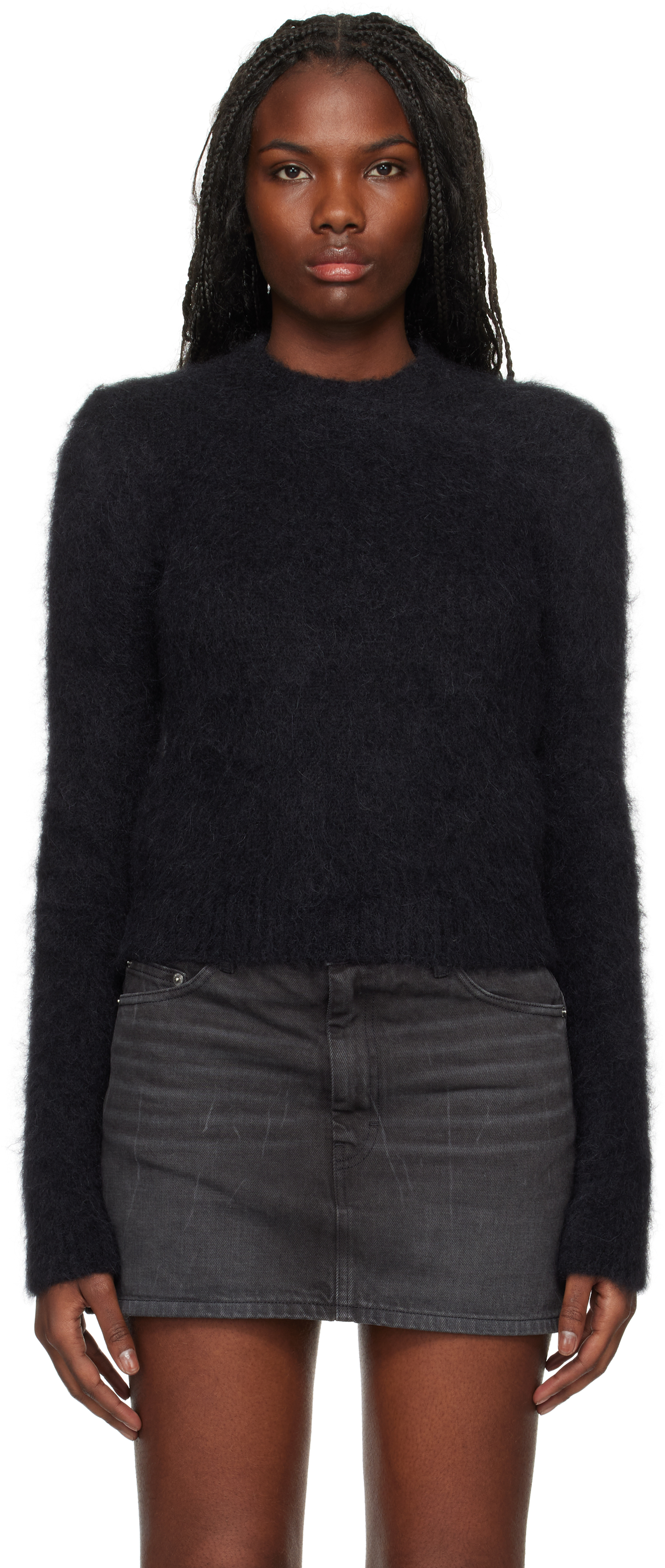 Black Alpaca Mohair Brushed Sweater by AMI Paris on Sale