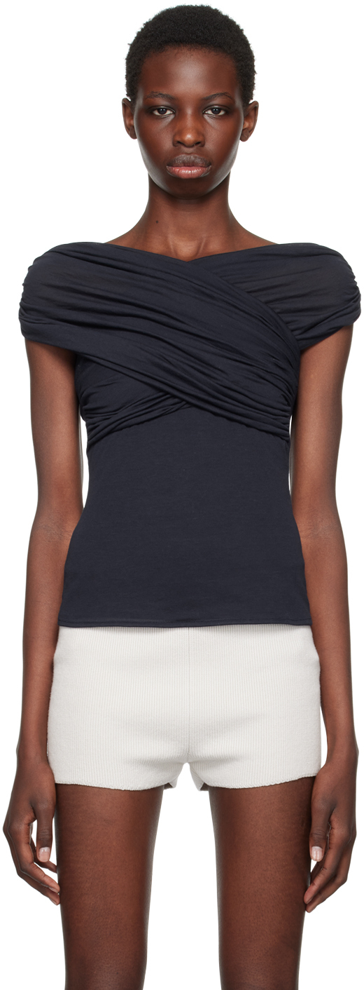 Navy Draped Blouse