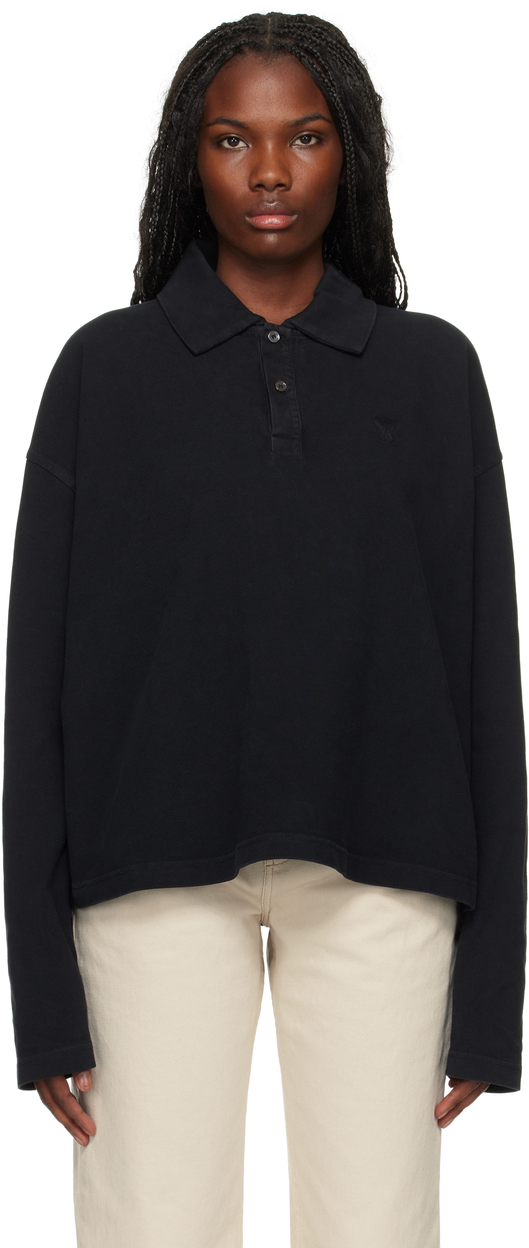 Ami Alexandre Mattiussi Black Ami De Coeur Long Sleeves Polo In Black/001