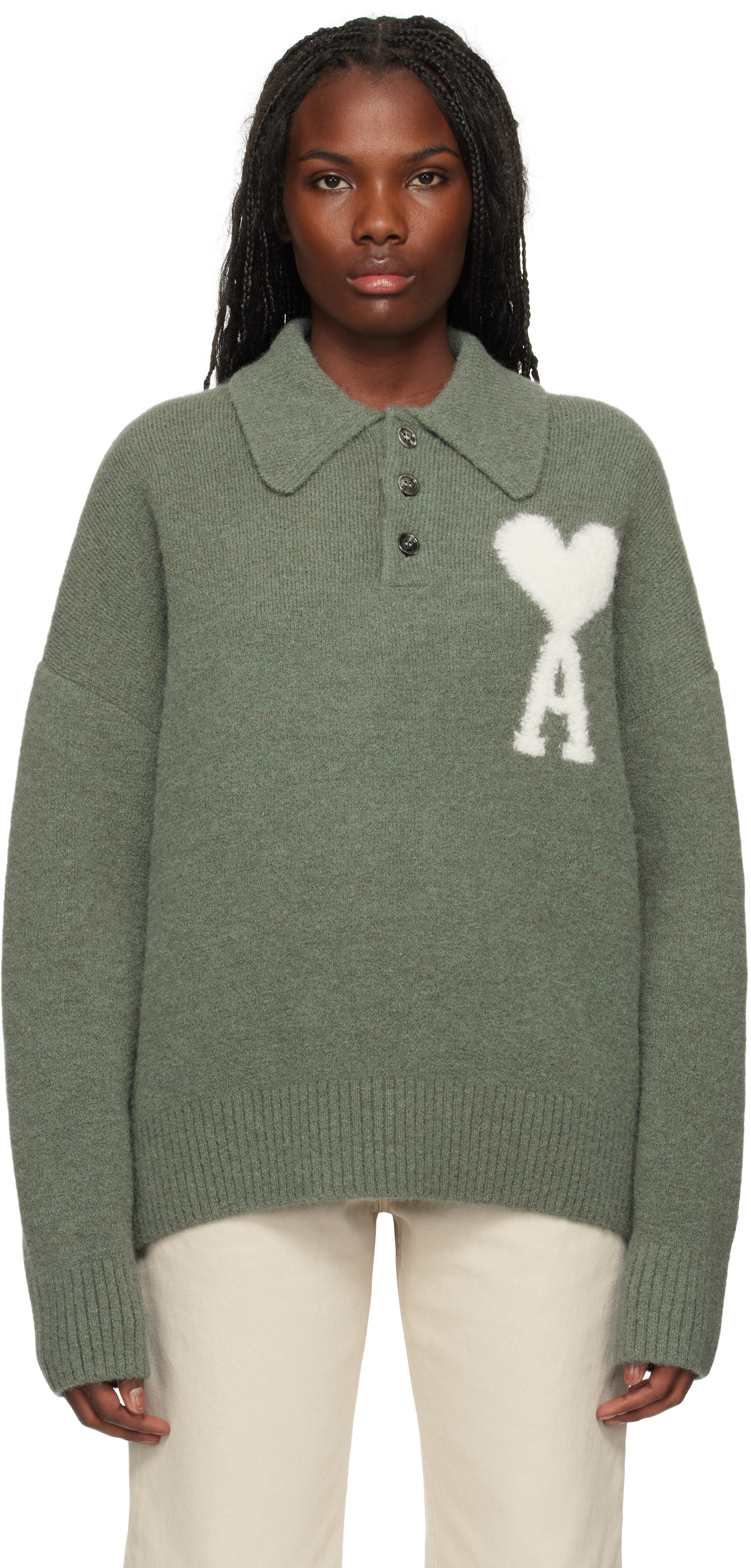 Ami Alexandre Mattiussi Green Ami De Coeur Polo In Antique Clay/4013