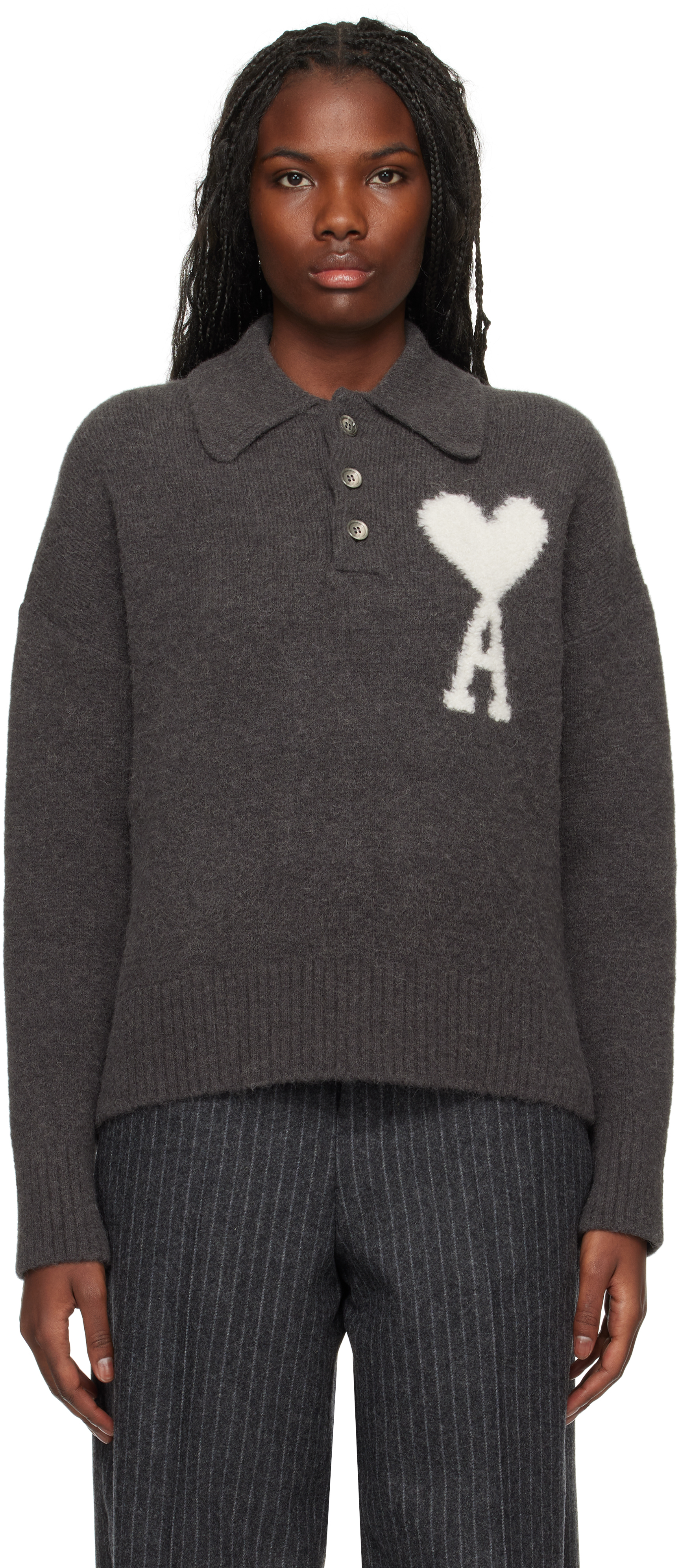 Ami Alexandre Mattiussi Gray Ami De Coeur Polo In Dark Grey/061