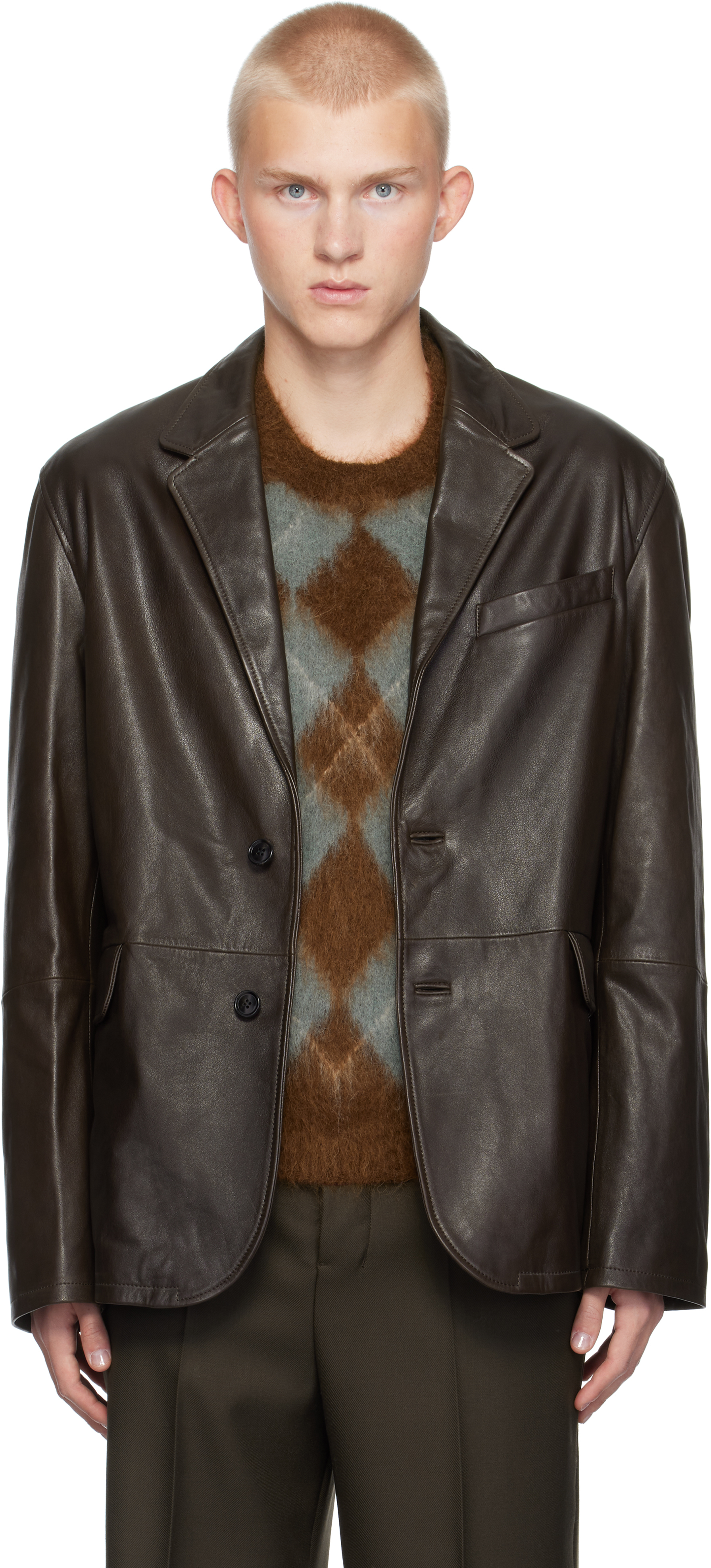 Brown Two Buttons Leather Jacket