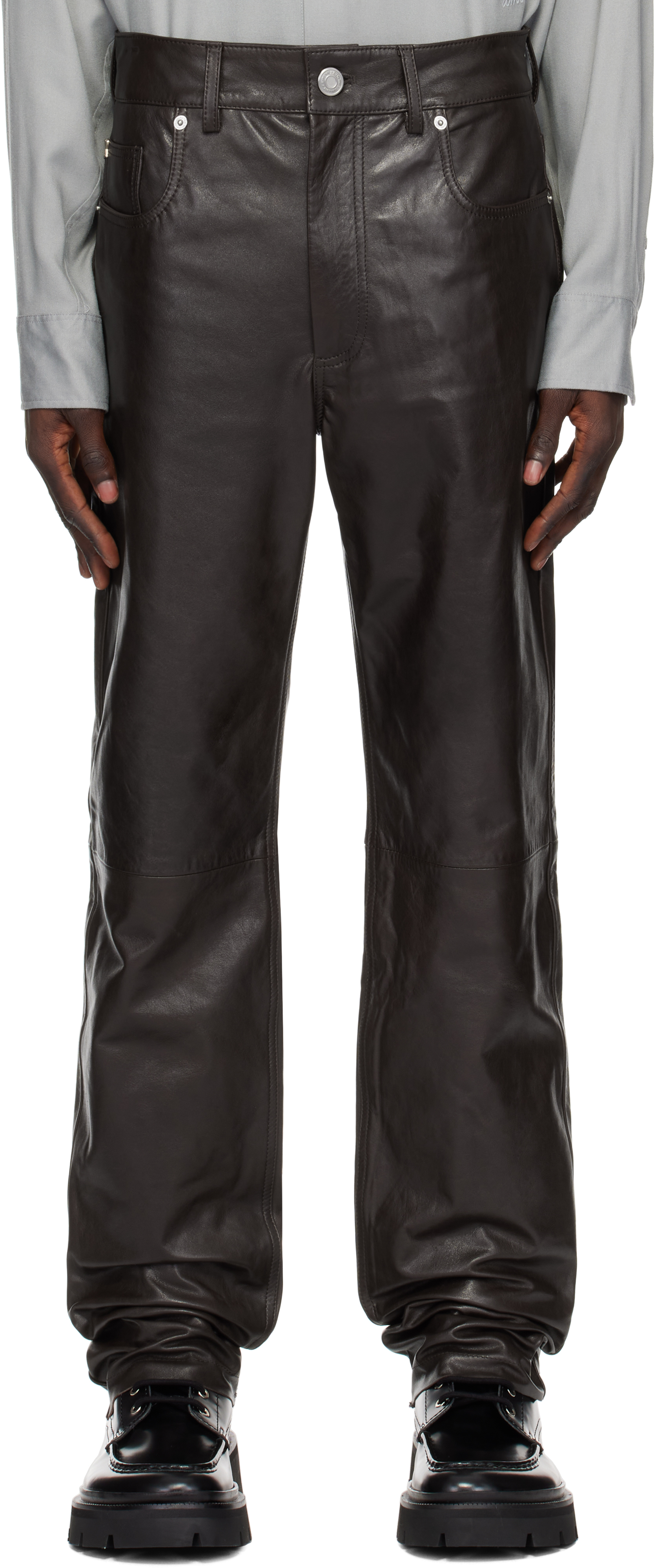 Brown Straight Fit Leather Pants