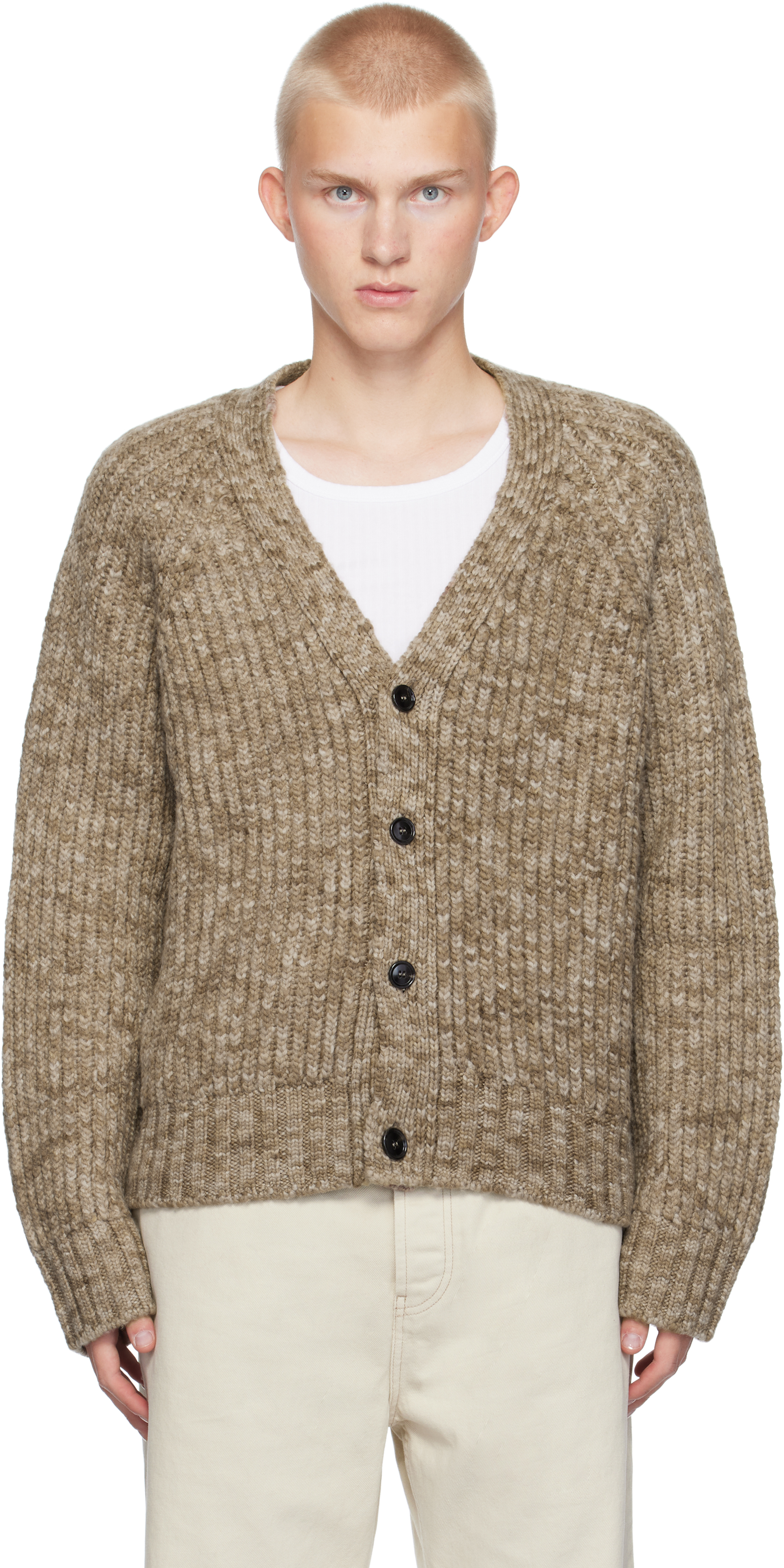 Ami Alexandre Mattiussi Brown Ribbed Cardigan In Coffee/sand/2008