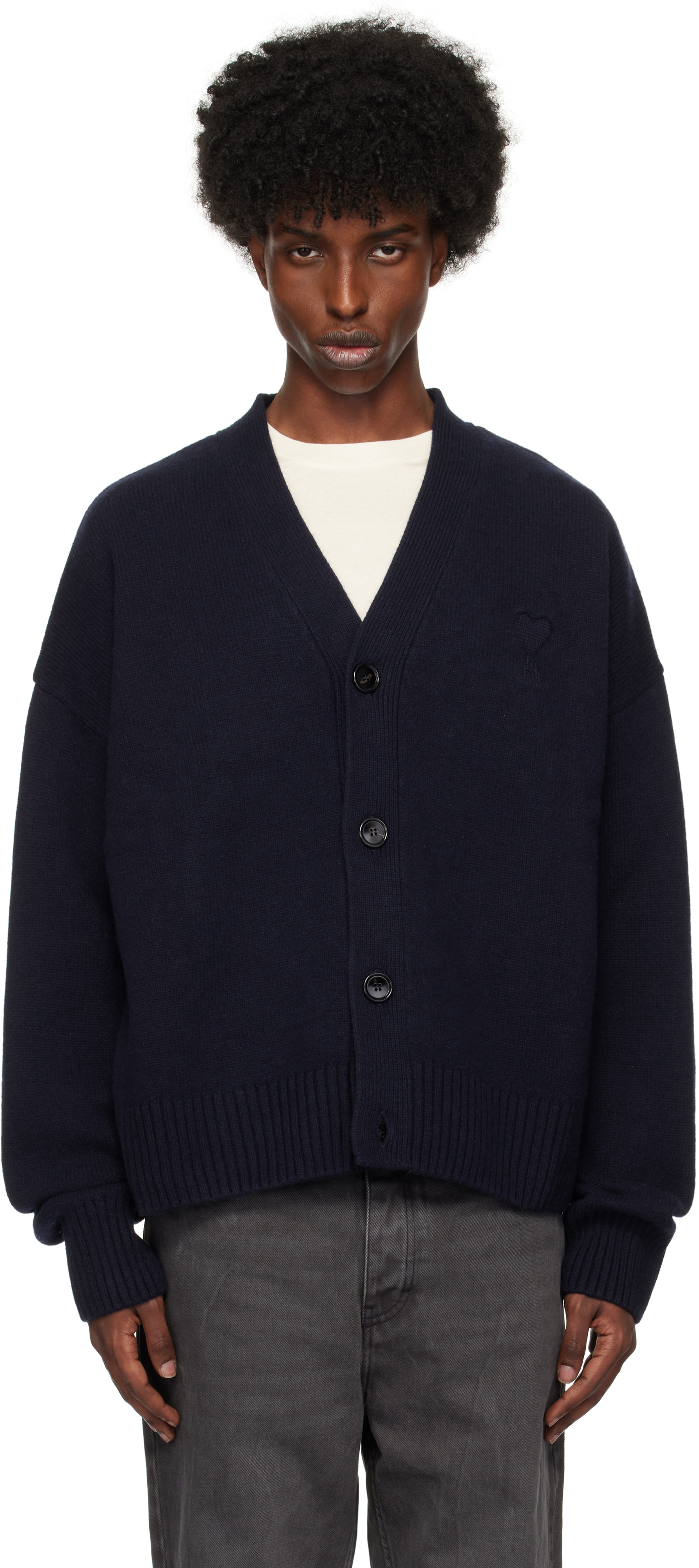 Shop Ami Alexandre Mattiussi Navy Embossed Ami De Coeur Cardigan In Navy Blue/4011