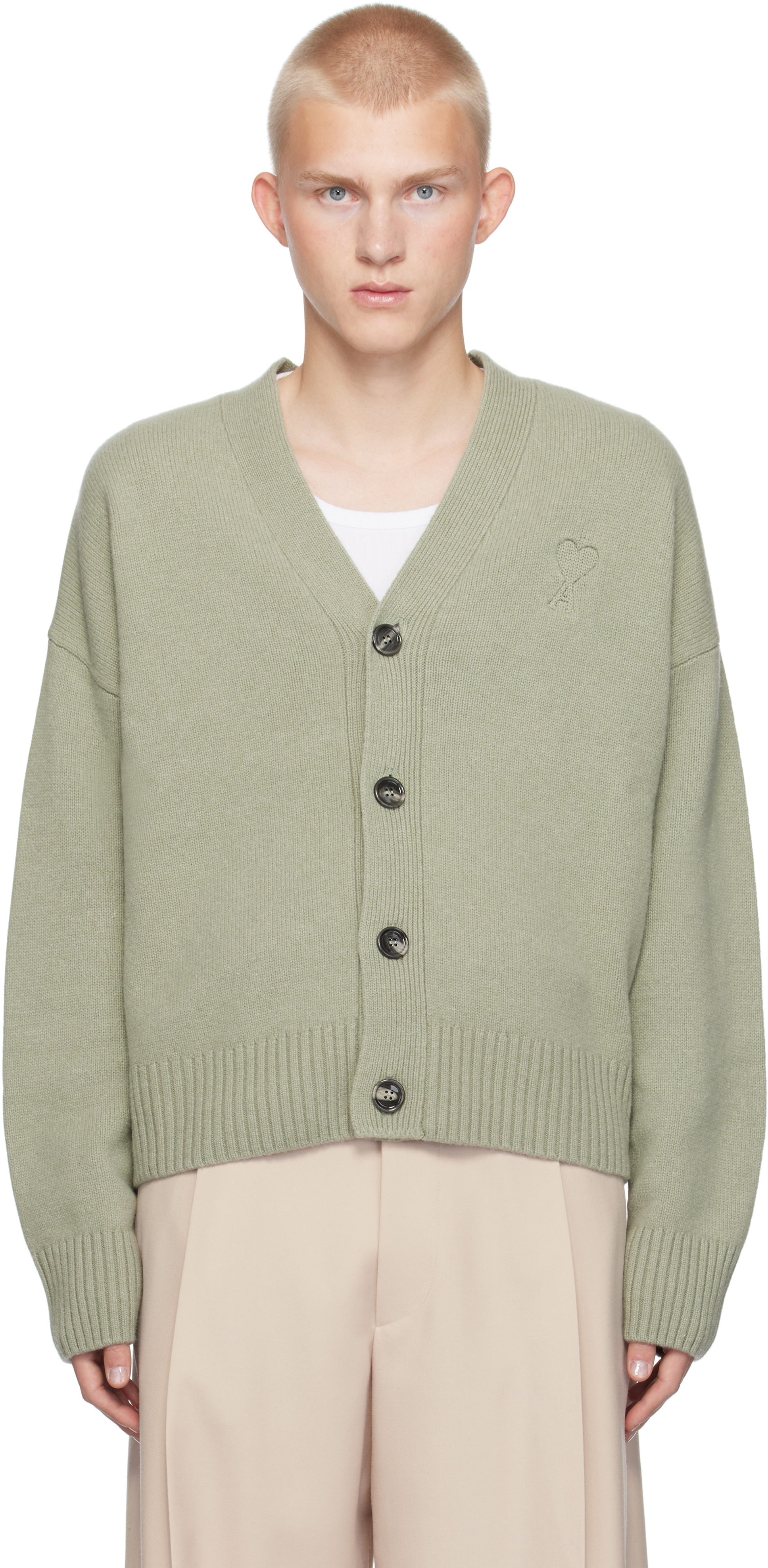 Shop Ami Alexandre Mattiussi Green Embossed Ami De Coeur Cardigan In Green Aqua/303