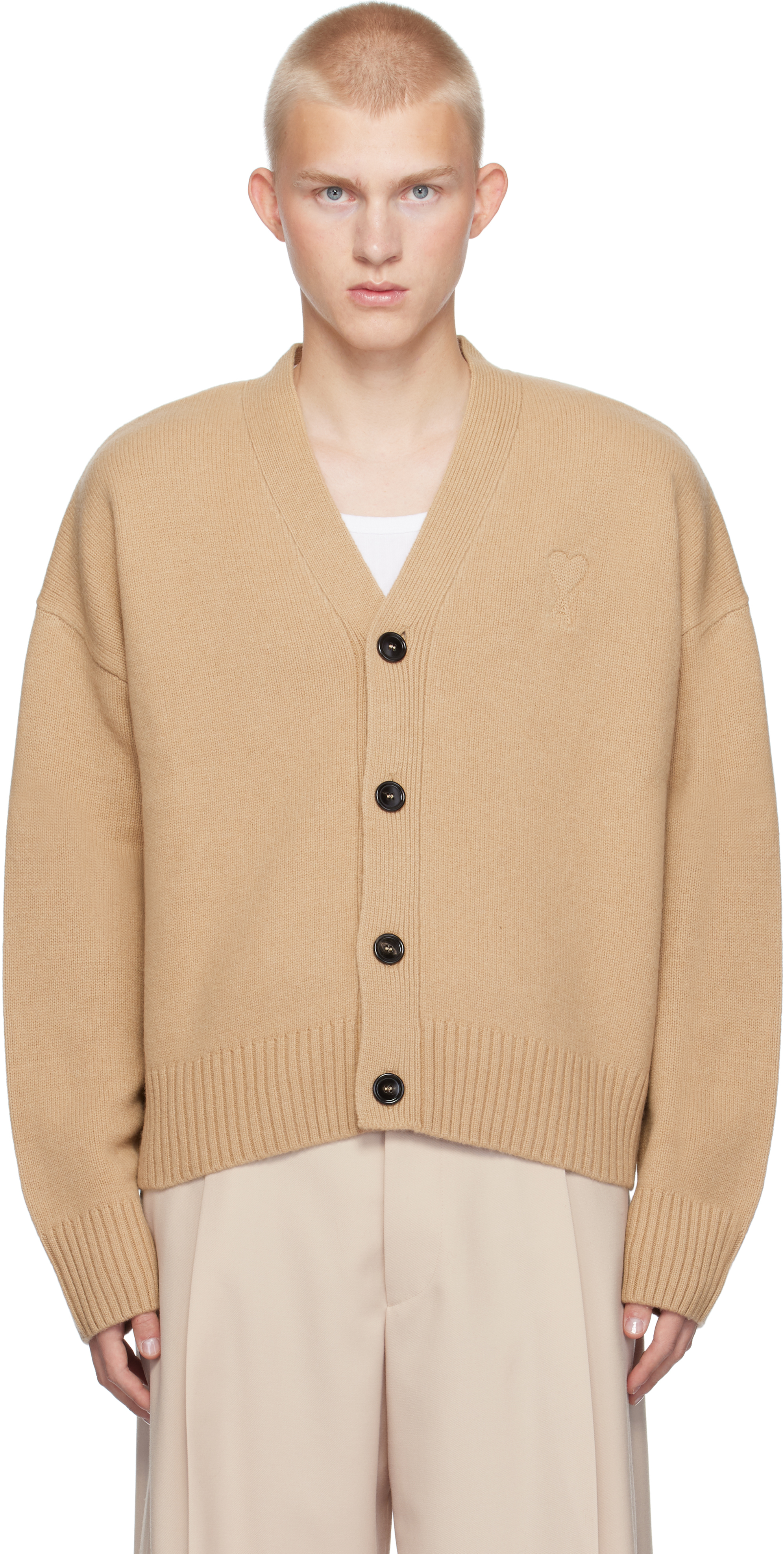 Shop Ami Alexandre Mattiussi Beige Embossed Ami De Coeur Cardigan In Nude/264