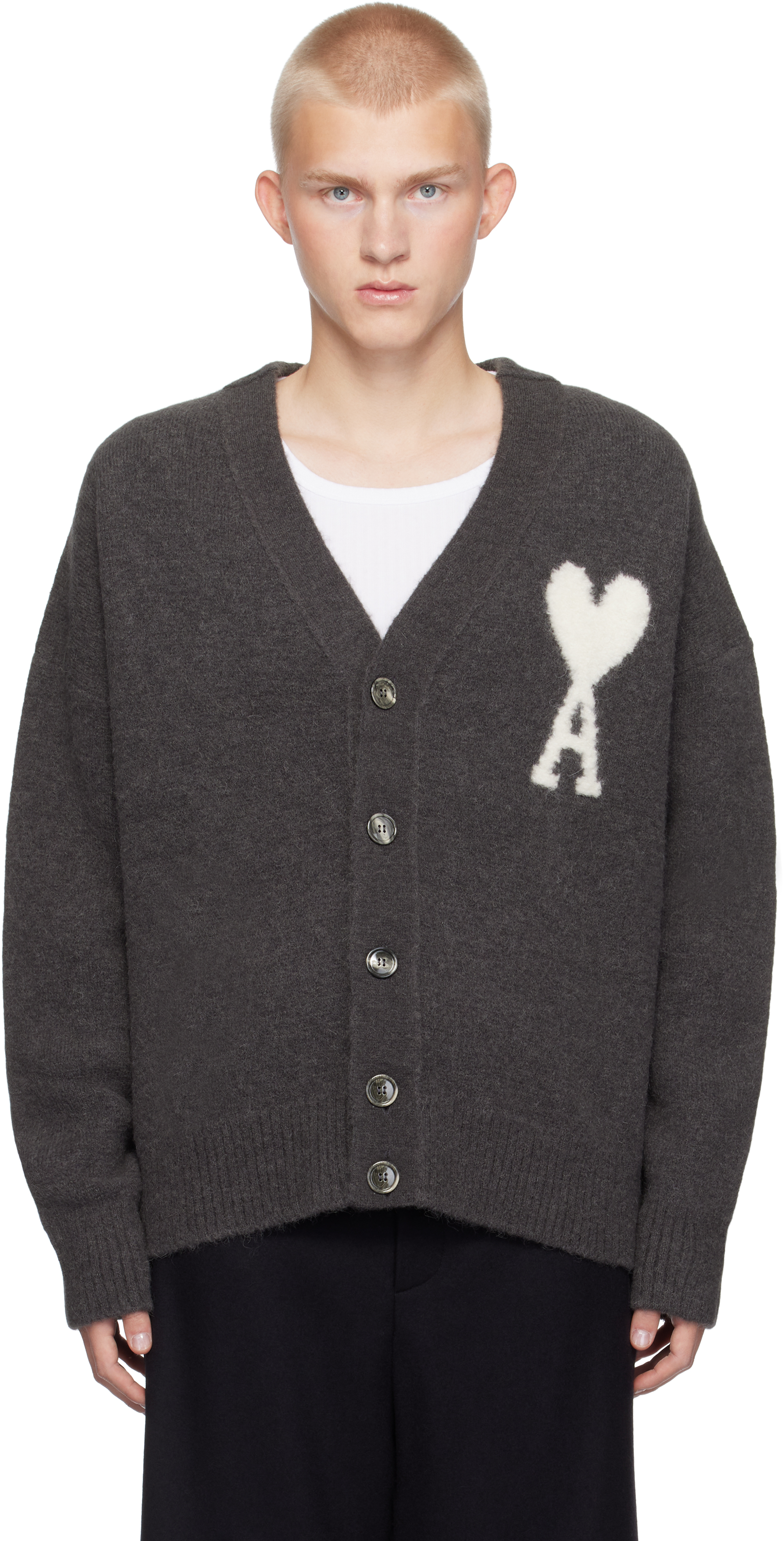 Shop Ami Alexandre Mattiussi Gray Ami De Coeur Cardigan In Dark Grey/061