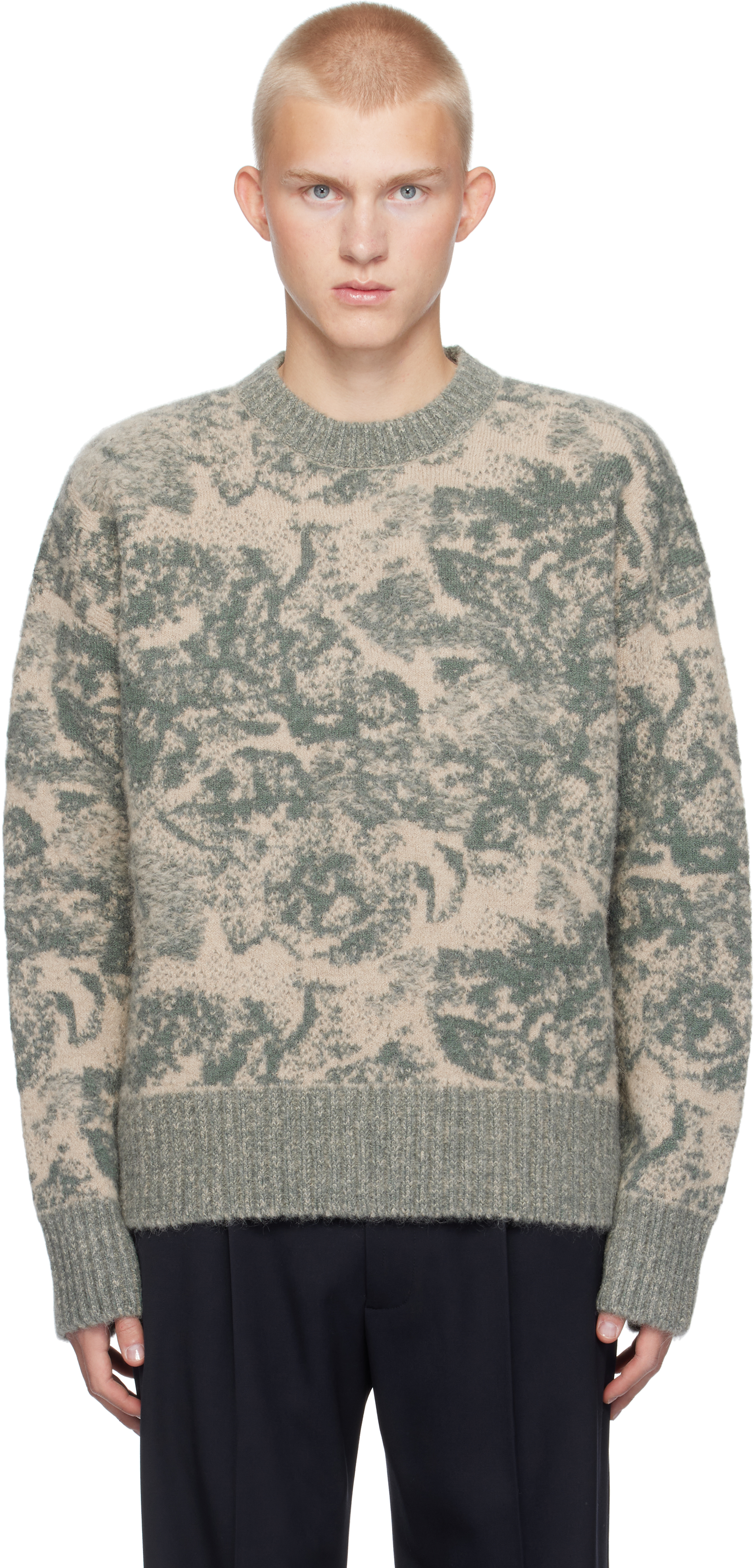 Beige & Green Alpaca Mohair Jacquard Crewneck