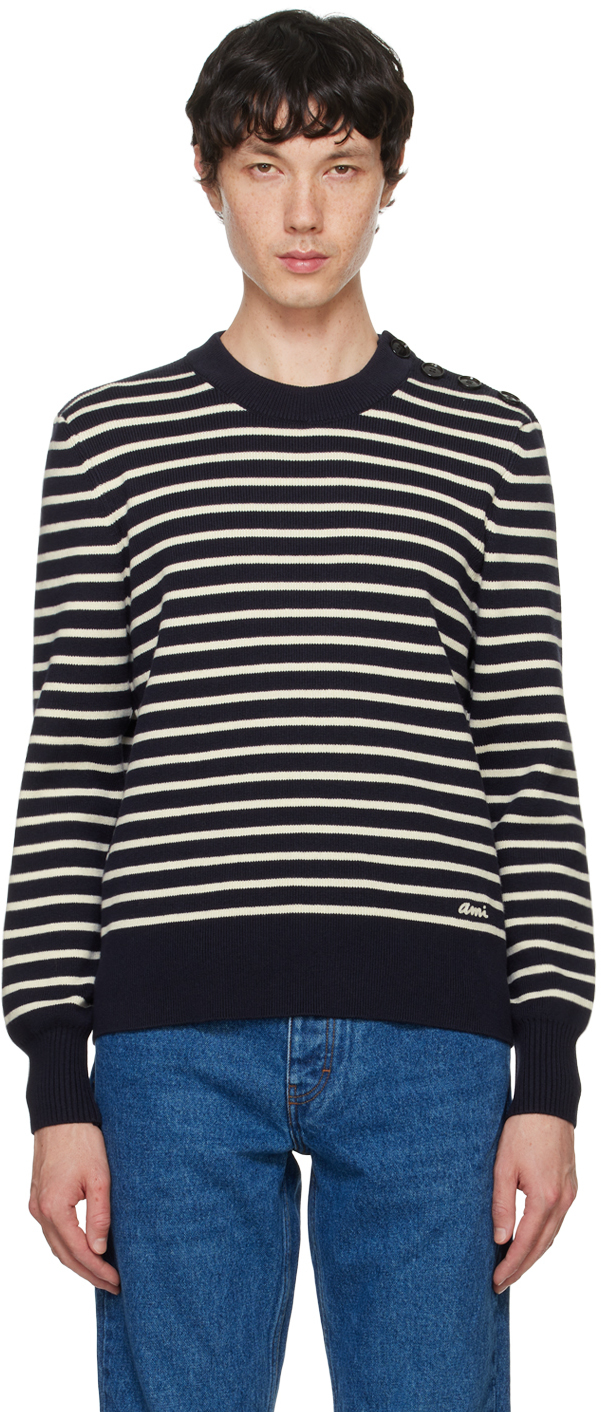 Shop Ami Alexandre Mattiussi Navy & White Striped Sweater In Navy/off White/4023