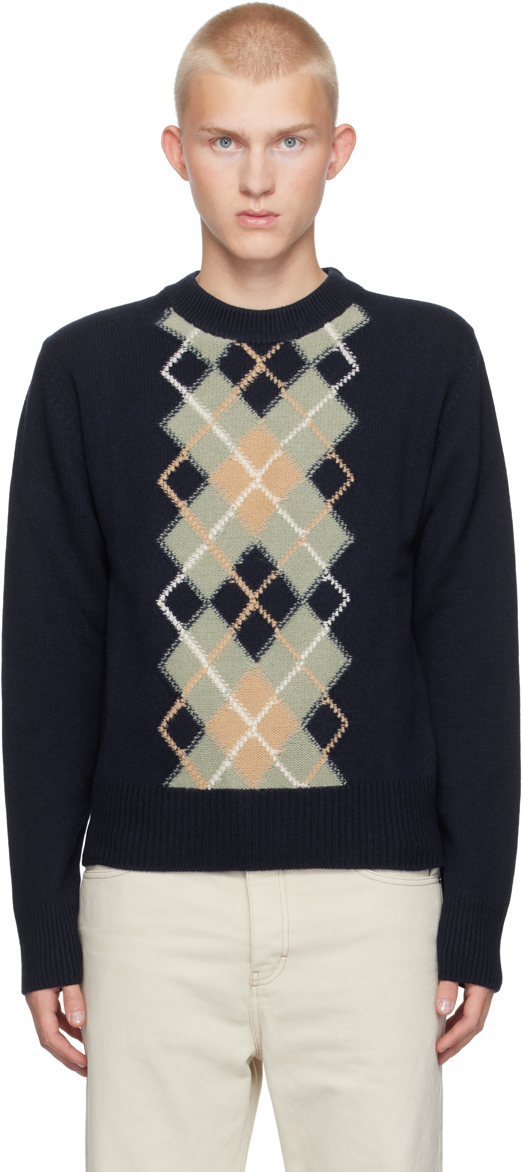 Ami Alexandre Mattiussi Navy Argyle Crew Neck Sweater In Navy/aqua/nude/4025