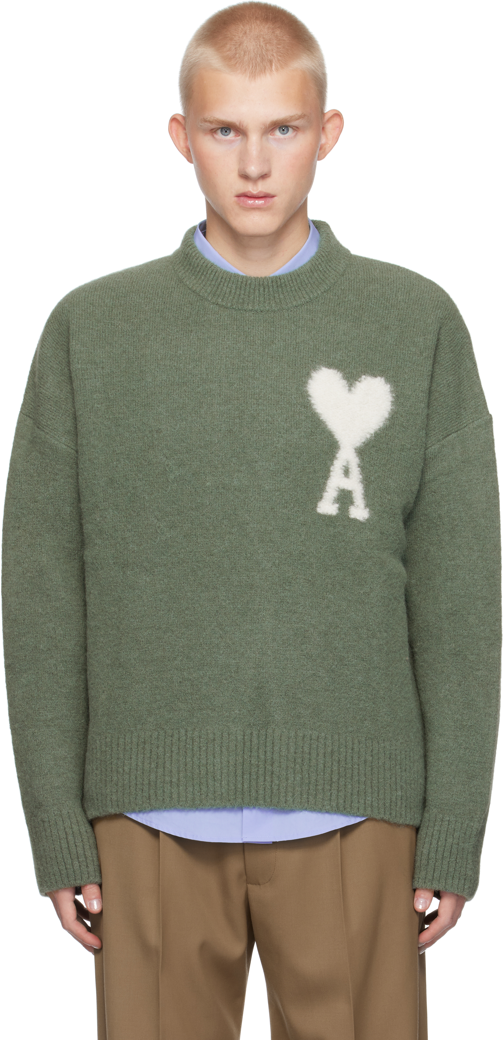 Ami Alexandre Mattiussi Green Ami De Coeur Crew Neck Sweater In Antique Clay/4013