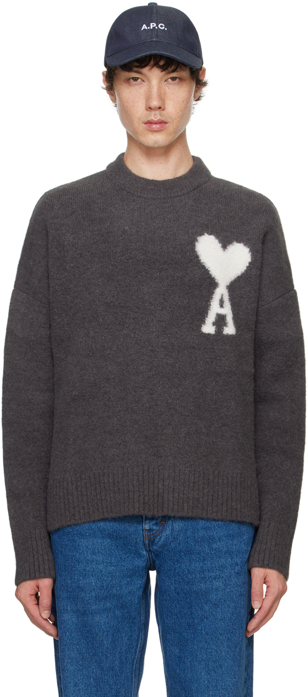 Pull gris à logo Ami de cœur AMI Paris en solde