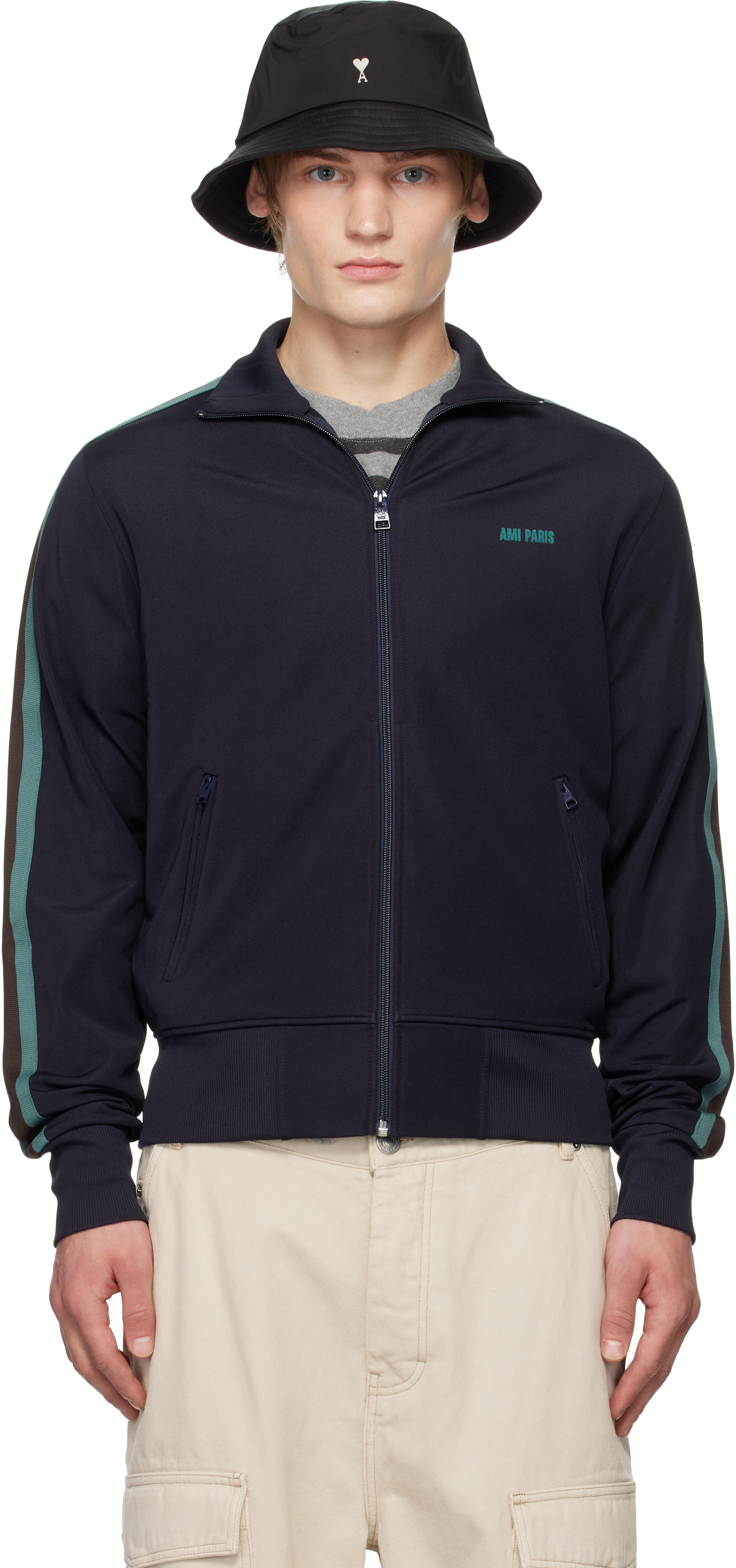 Navy Zipped Track Jacket by AMI Paris on Sale