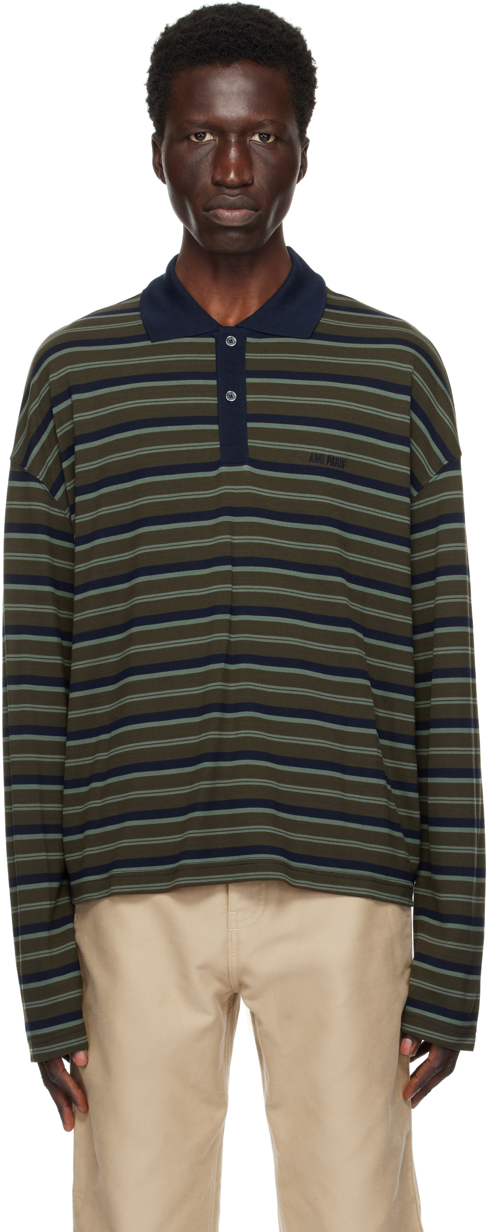 Tシャツ・カットソー Ami Khaki Polo Shirt With Button Placket AMI Paris: Khaki Striped Polo | SSENSE