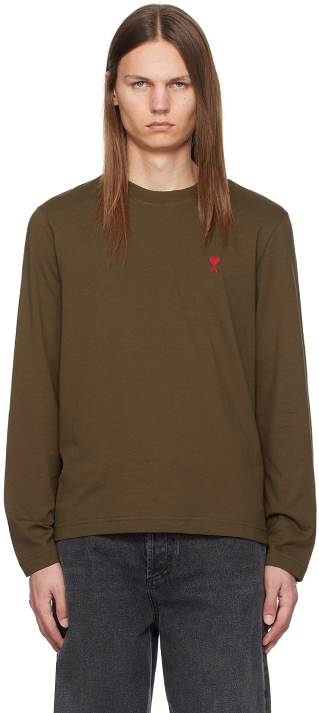 Brown Red Ami de Coeur Long Sleeve T-shirt by AMI Paris on Sale