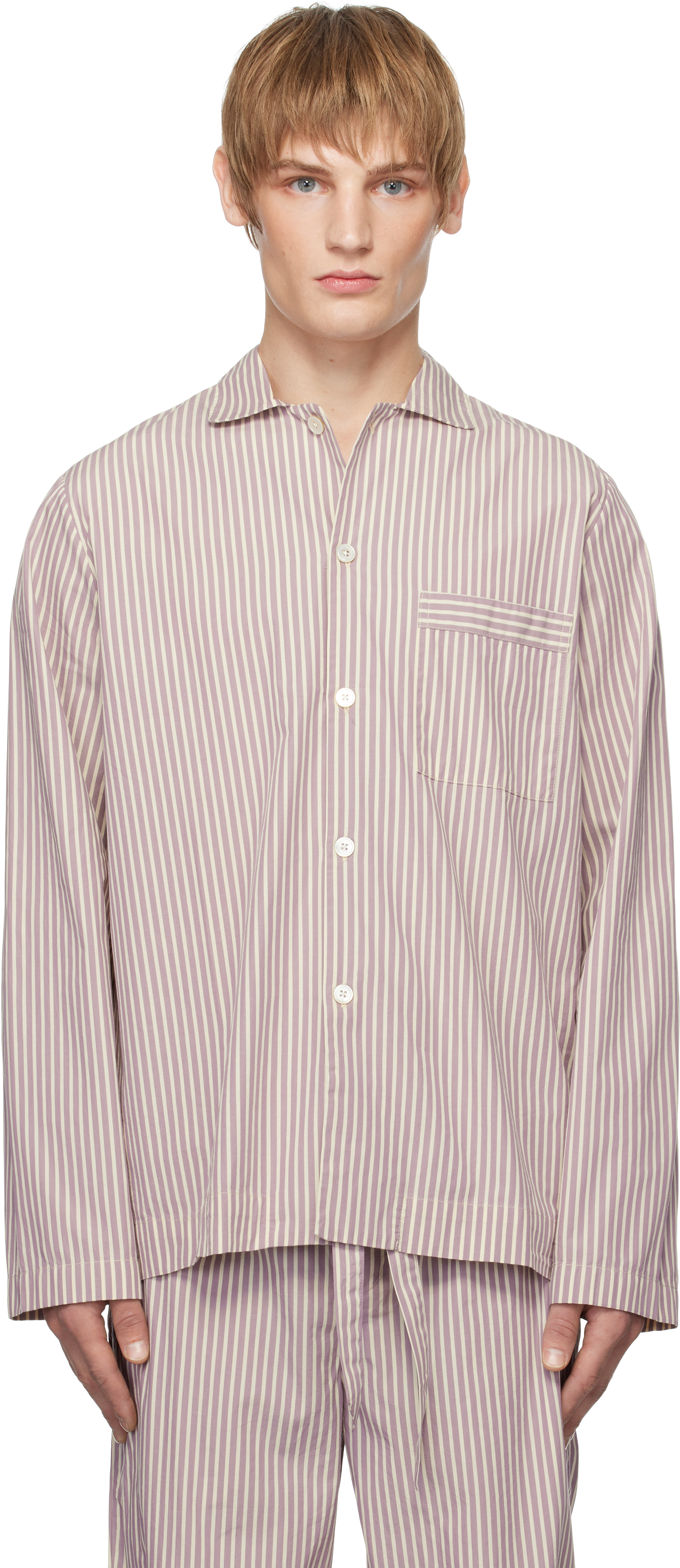 TEKLA PURPLE & WHITE POPLIN LONG-SLEEVED PYJAMA SHIRT 