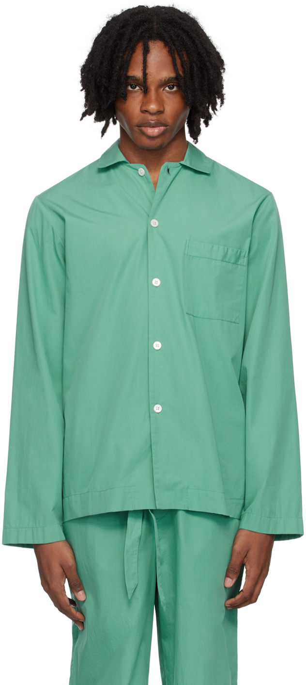 Shop Tekla Green Long Sleeve Pyjama Shirt In Vintage Green